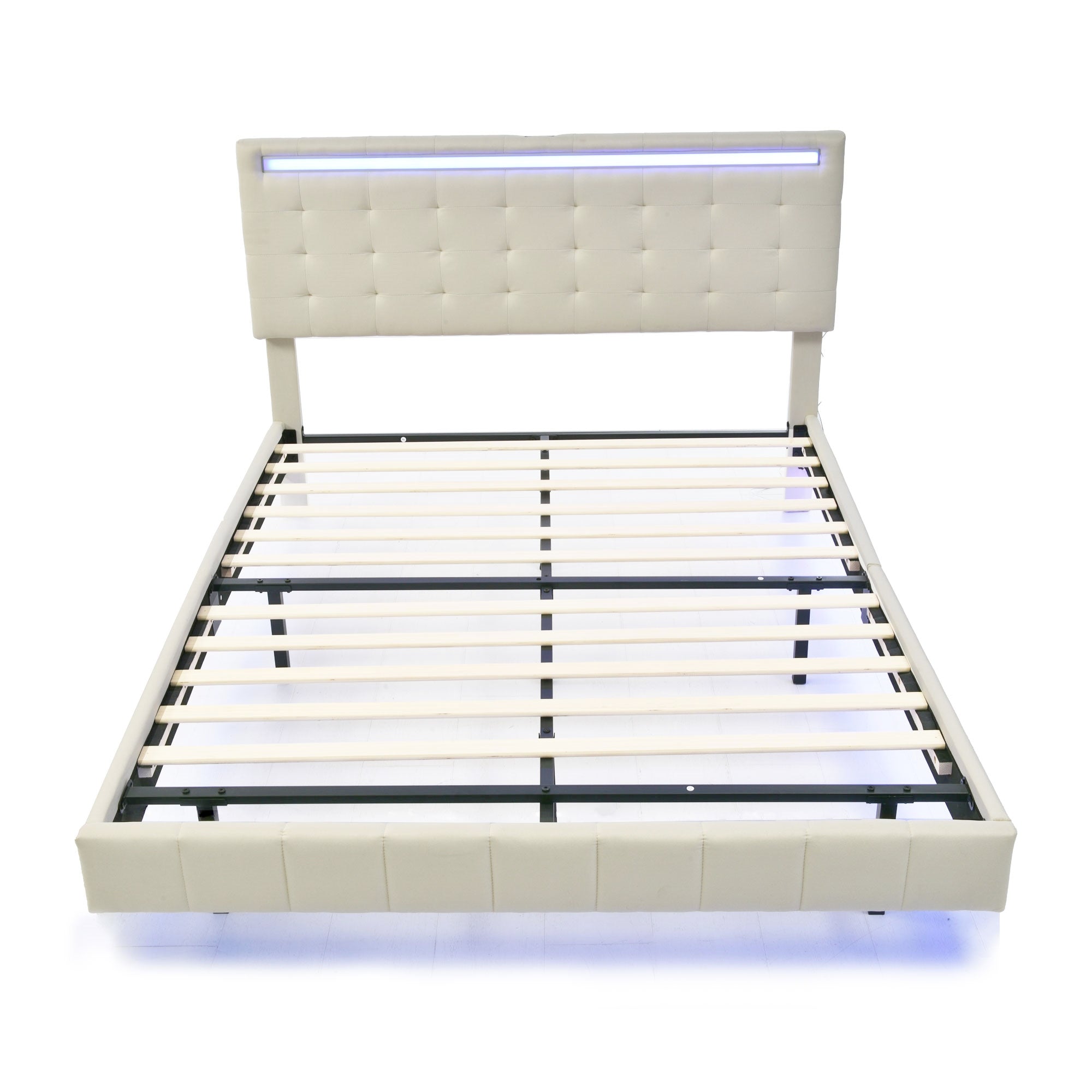 Logidon gestoffeerd bed 140x200 beige met LED-verlichting en hoofdborddesign