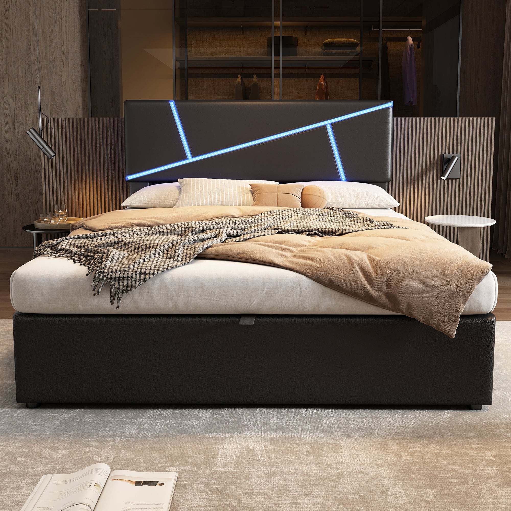 Logidon comfortabel gestoffeerd bed 90x200 zwarte LED-lichtstrips