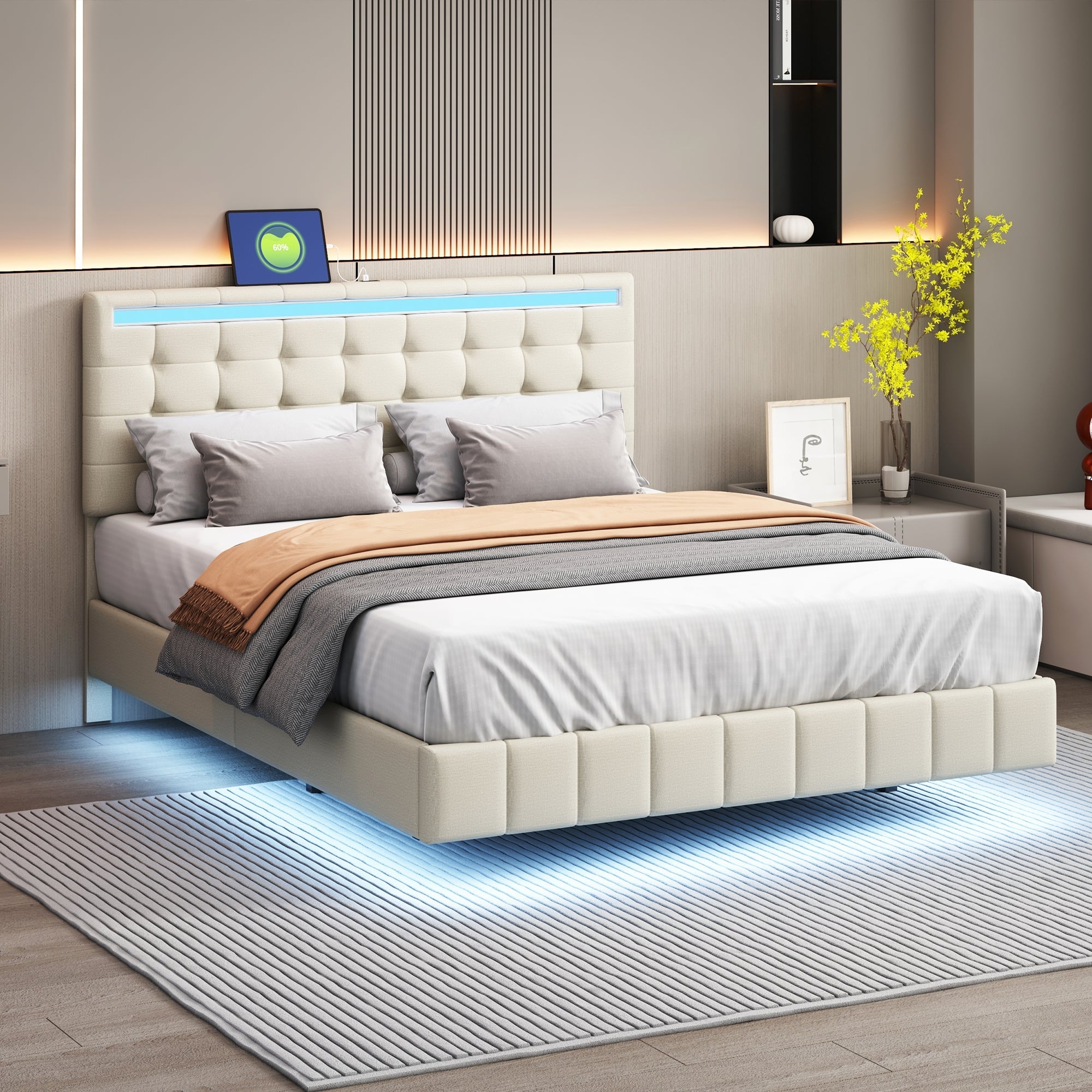 Logidon gestoffeerd bed 140x200 beige met LED-verlichting en hoofdborddesign