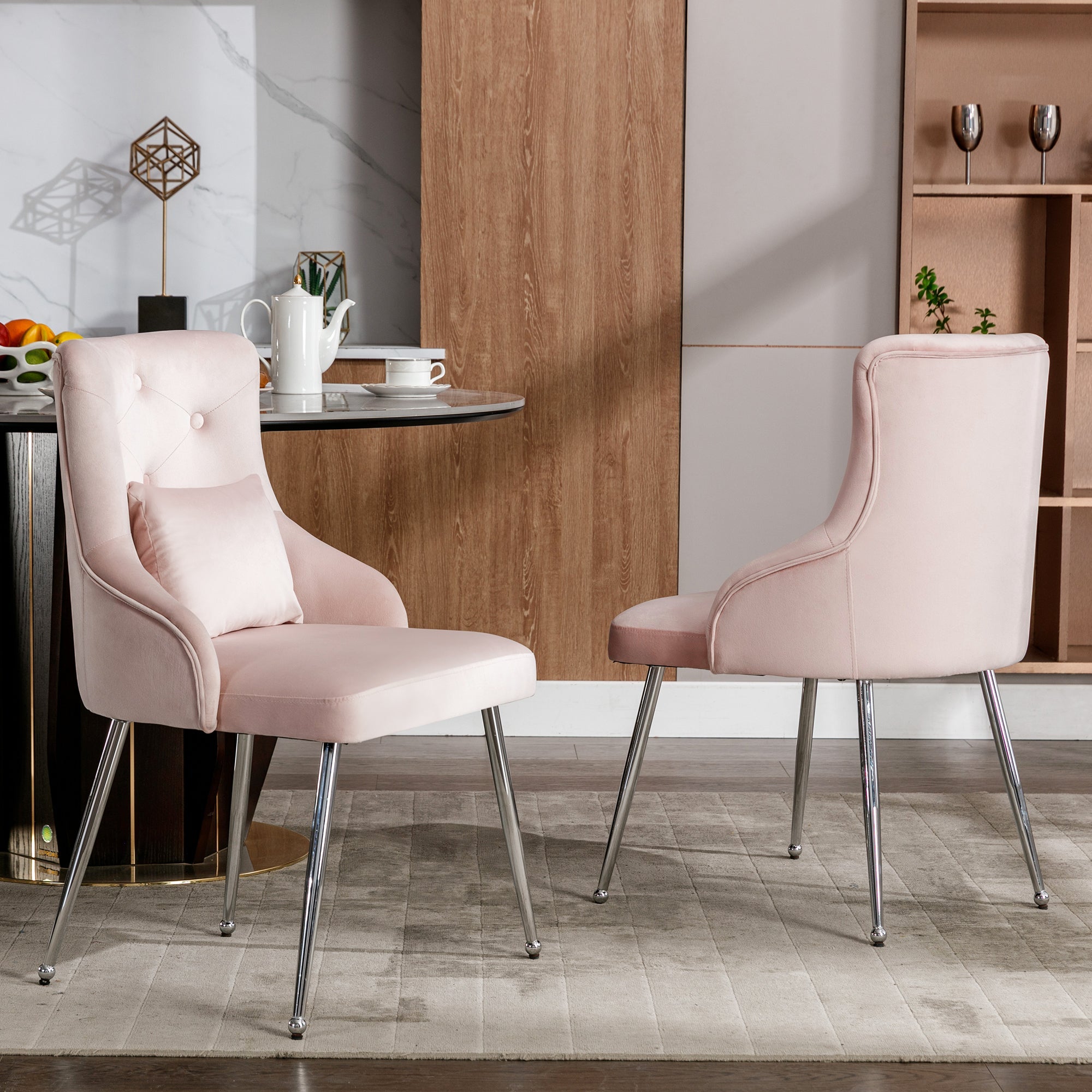 Logidon Set van 6 eetkamerstoelen met knopenpatroon roze fluweel