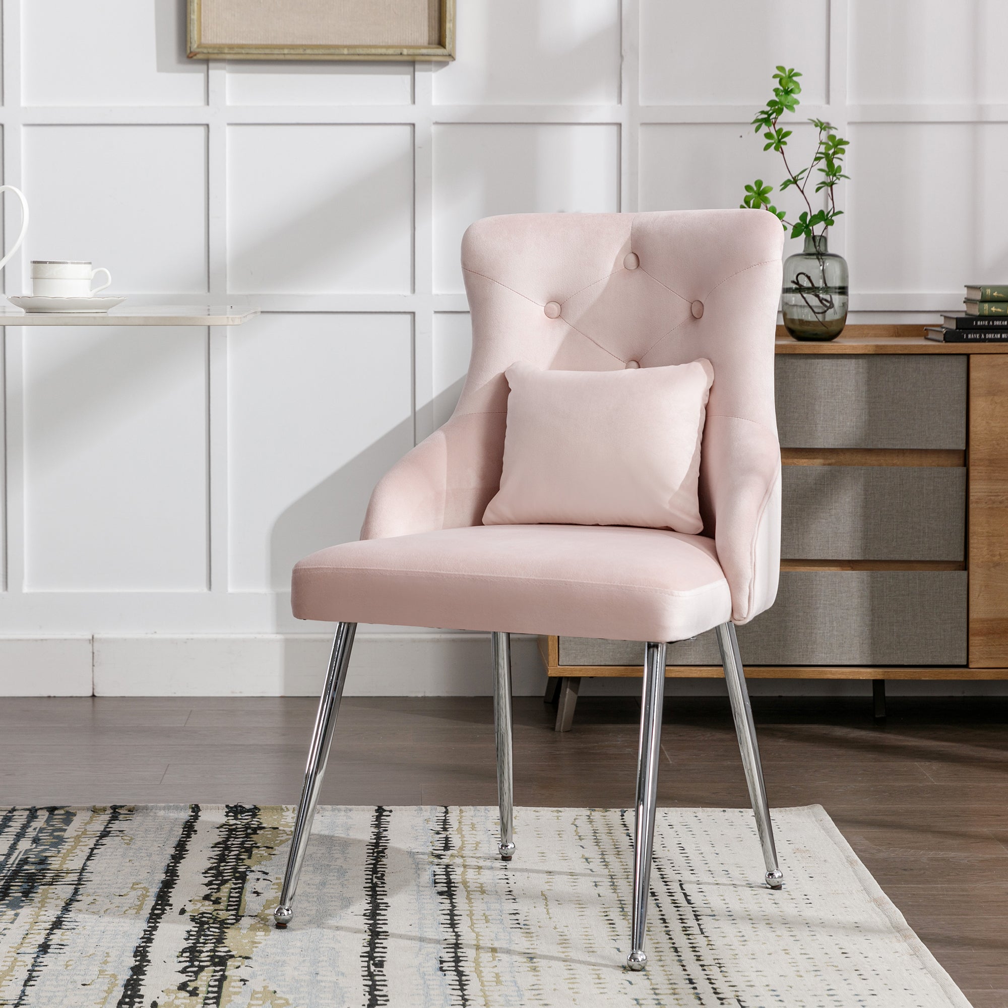 Logidon Set van 6 eetkamerstoelen met knopenpatroon roze fluweel