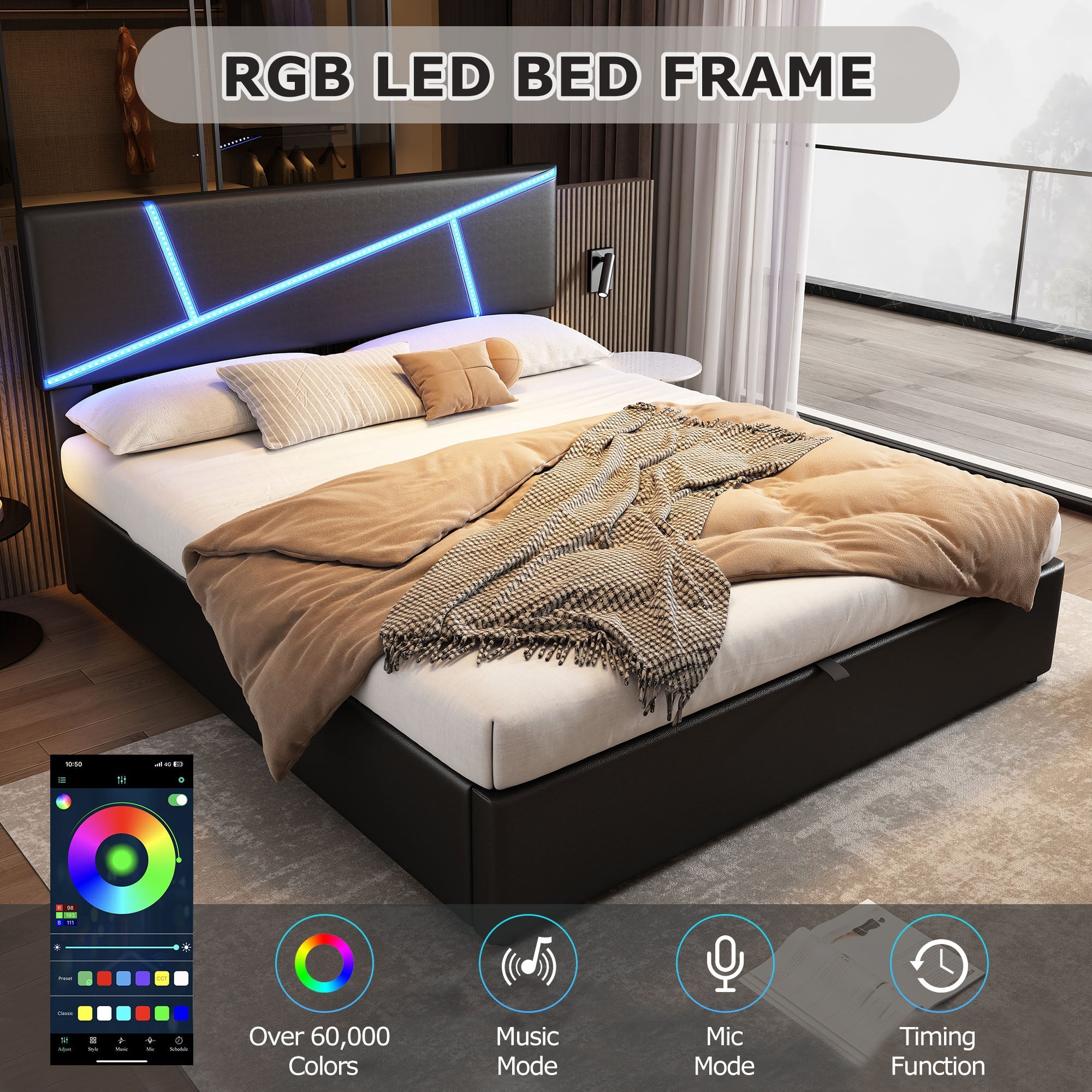 Logidon comfortabel gestoffeerd bed 90x200 zwarte LED-lichtstrips