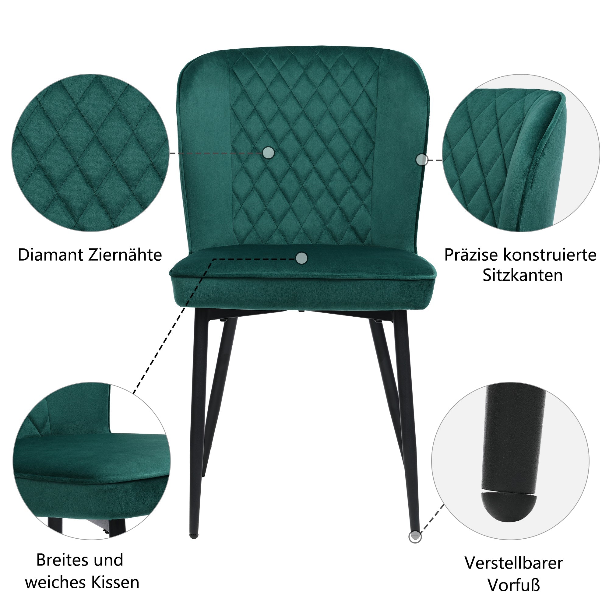 Logidon eetkamerstoel set van 4 donkergroen fluwelen metalen frame