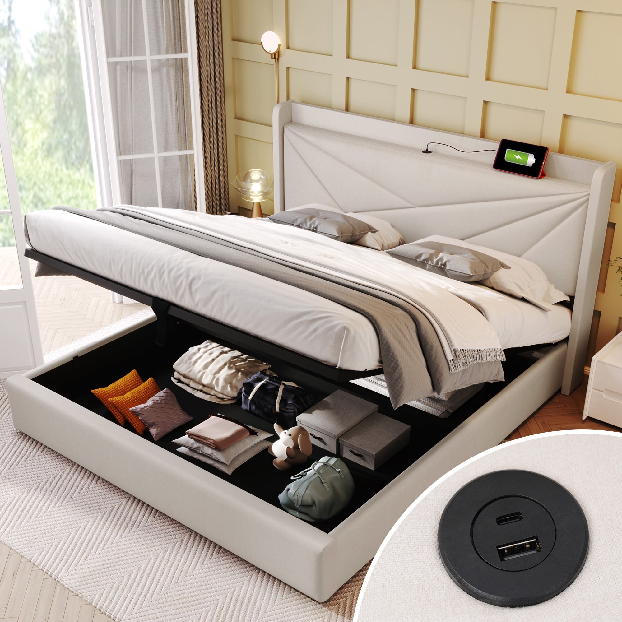 Logidon gestoffeerd bed 160x200 beige met USB Type C oplaadfunctie opbergruimte