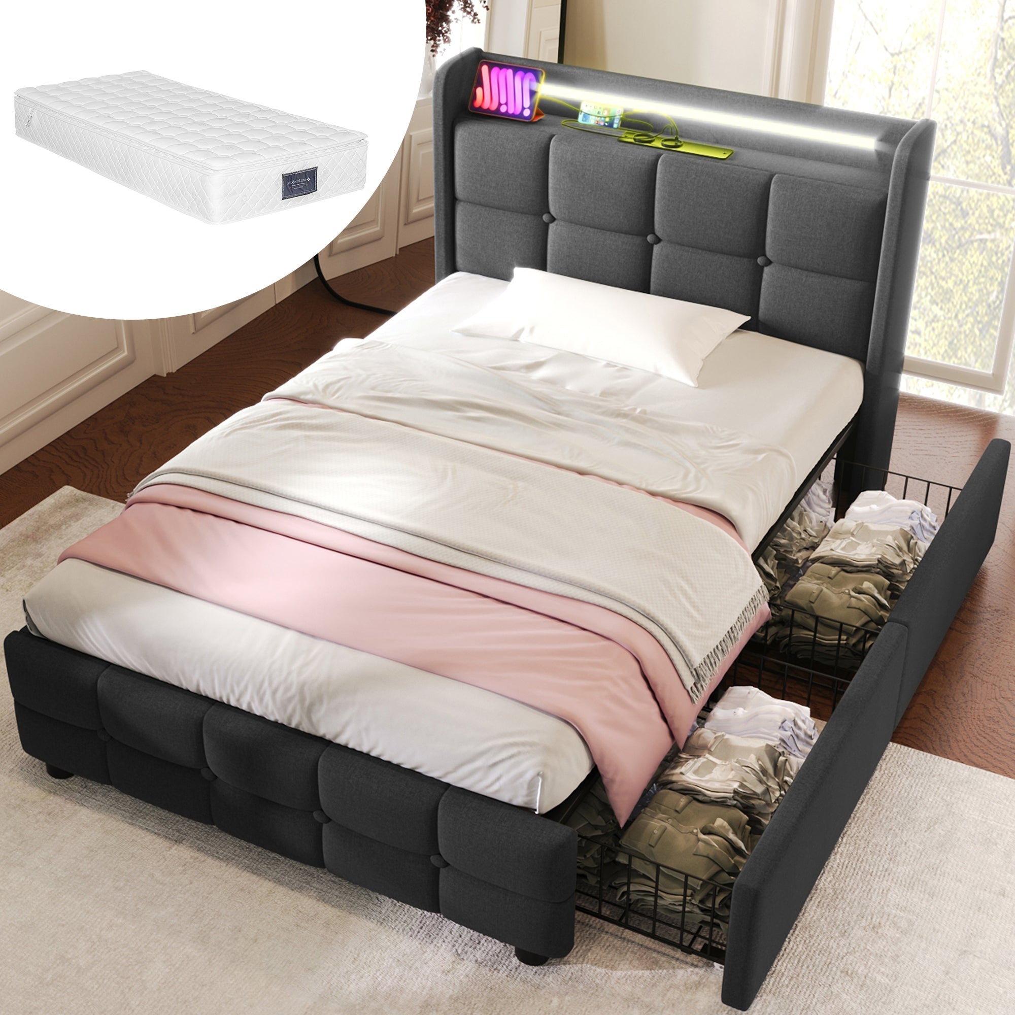 Logidon gestoffeerd bed met USB-oplaadfunctie, LED-verlichting, 90x200 grijs