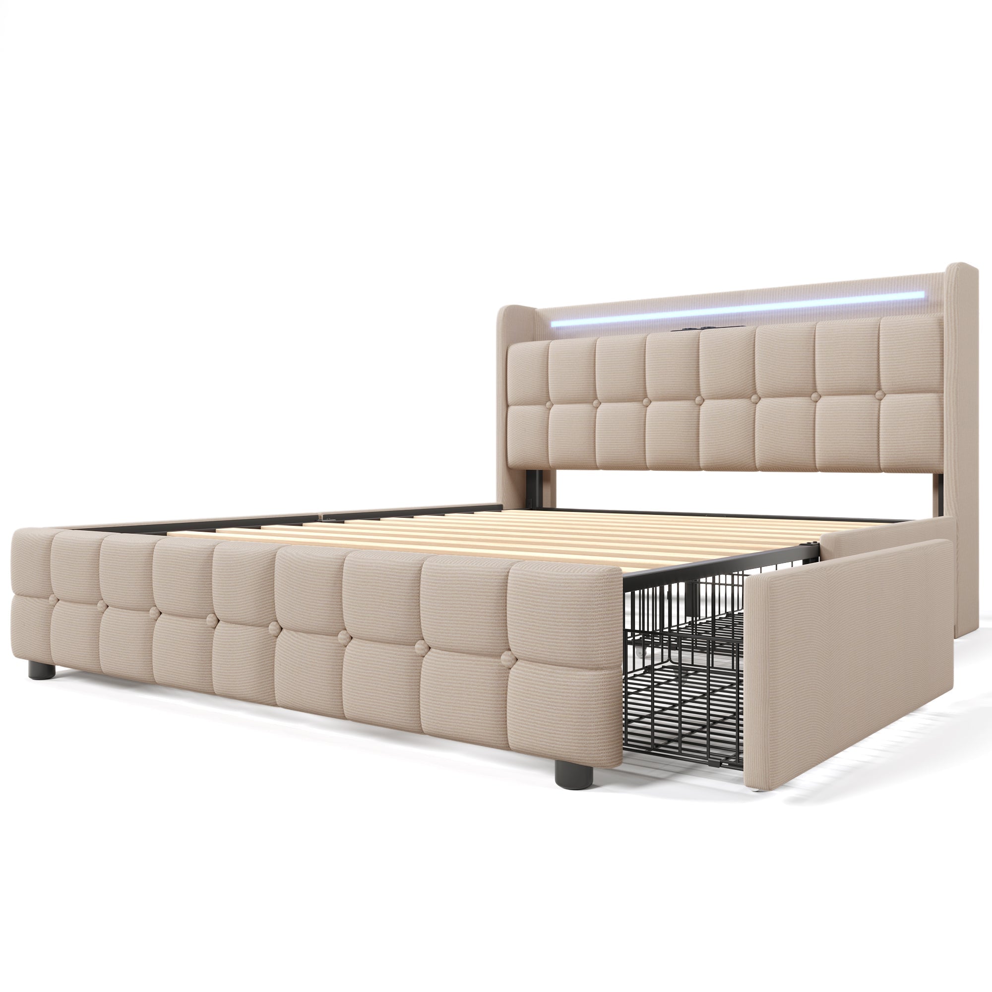 Logidon gestoffeerd bed 180x200 beige met USB oplaadfunctie LED verlichting