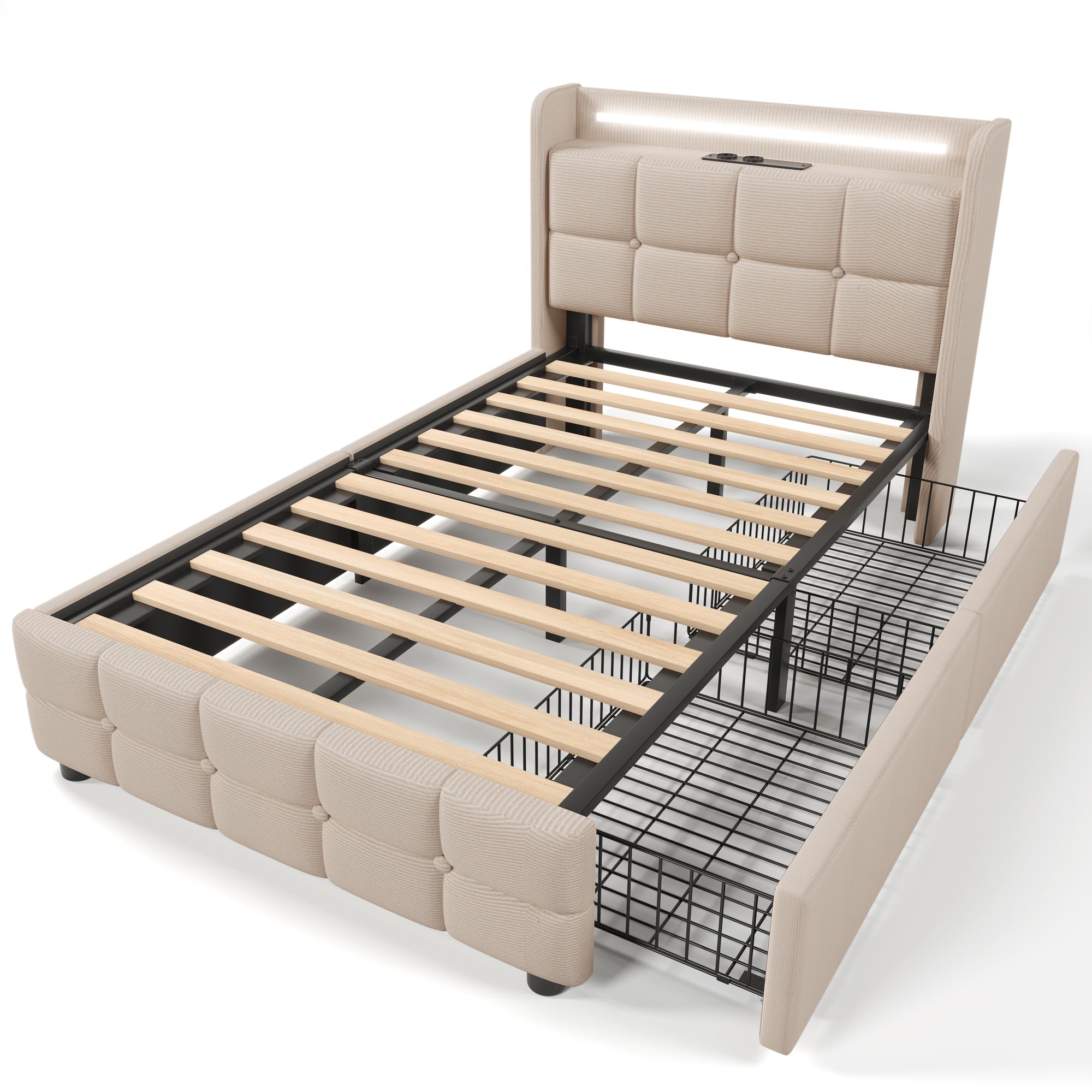 Logidon gestoffeerd bed 90x200 beige USB-oplaadfunctie LED-verlichting