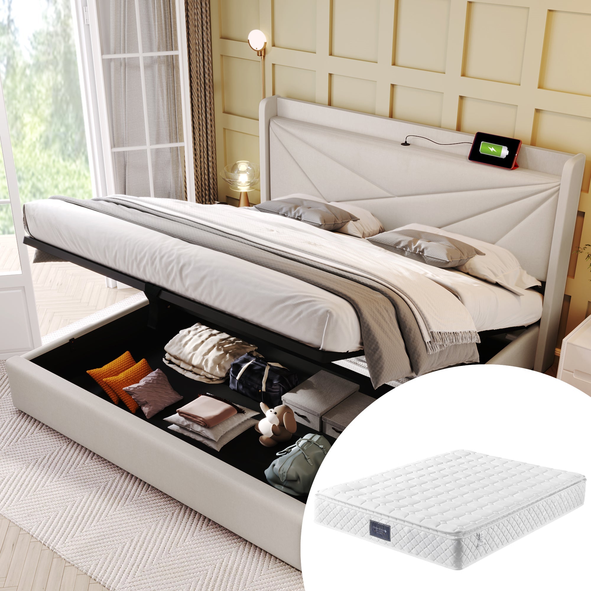 Logidon gestoffeerd bed 140x200 beige met opbergruimte en USB C oplaadfunctie
