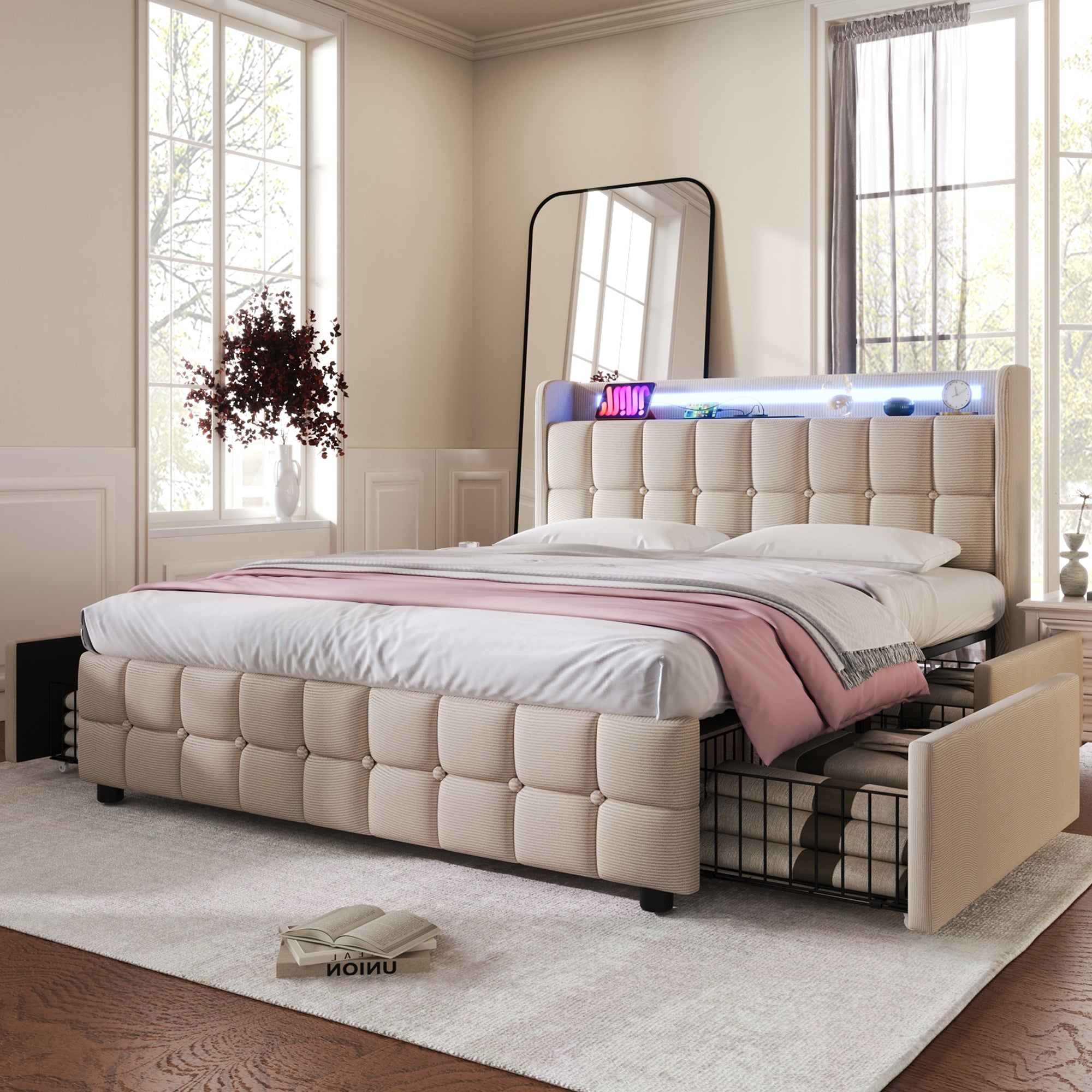 Logidon gestoffeerd bed 180x200 beige met USB oplaadfunctie LED verlichting