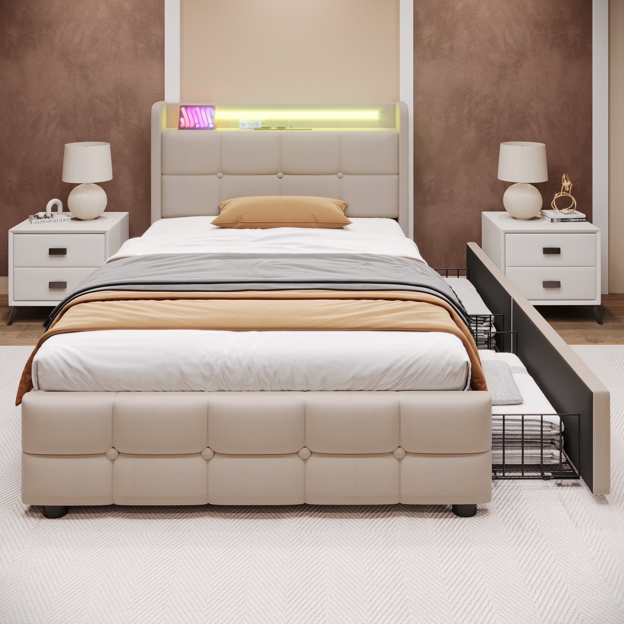 Logidon gestoffeerd bed 90x200 beige USB-oplaadfunctie LED-verlichting