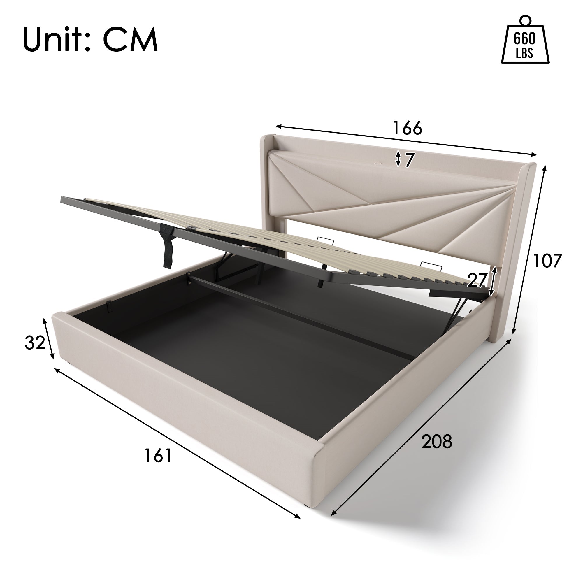 Logidon gestoffeerd bed 160x200 beige met USB Type C oplaadfunctie opbergruimte