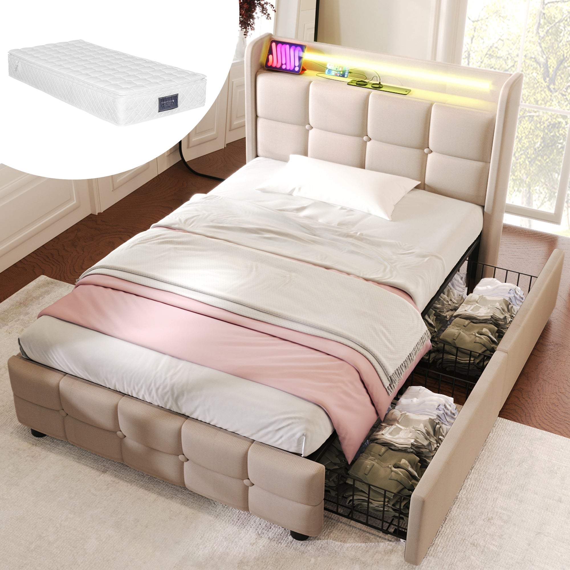 Logidon gestoffeerd bed 90x200 beige USB-oplaadfunctie LED-verlichting