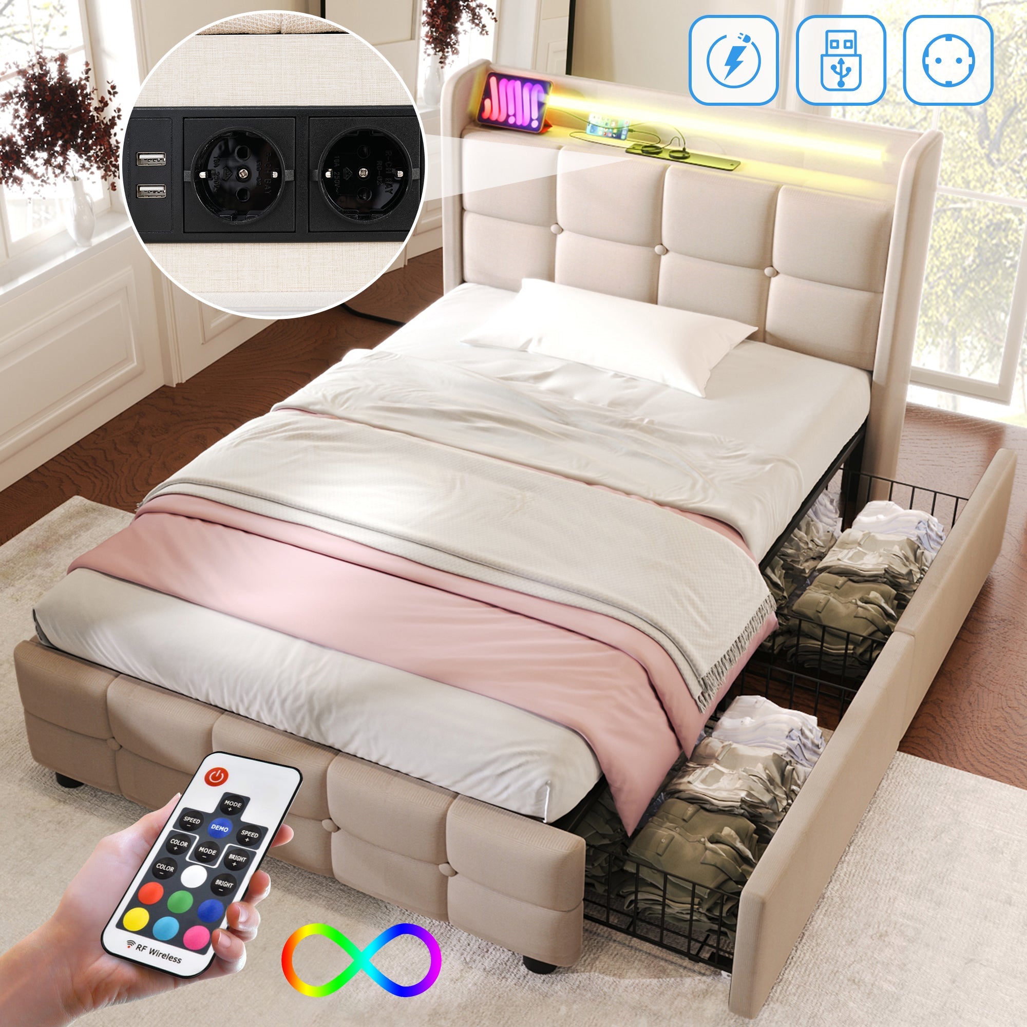 Logidon gestoffeerd bed 90x200 beige USB-oplaadfunctie LED-verlichting