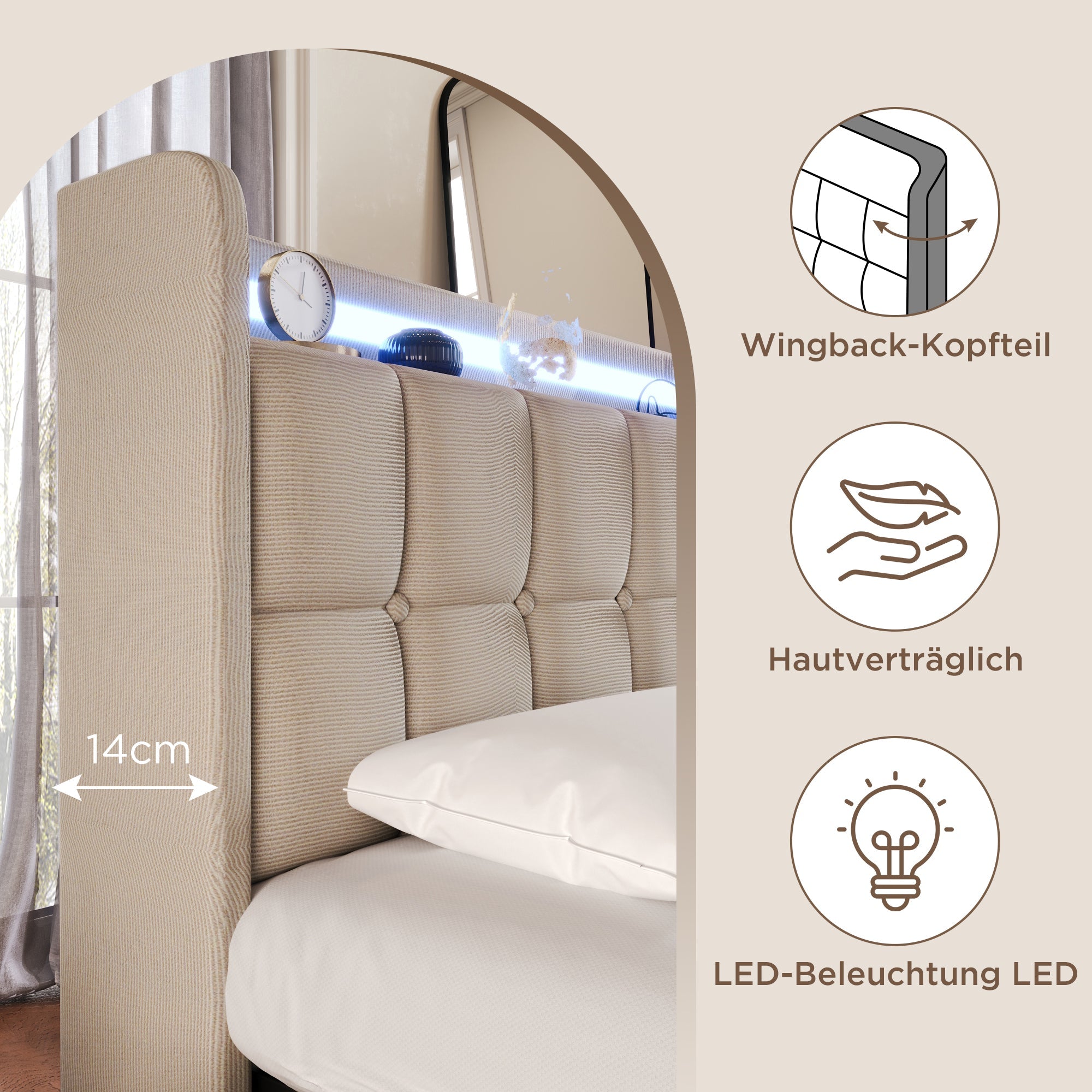 Logidon gestoffeerd bed 90x200 beige USB-oplaadfunctie LED-verlichting