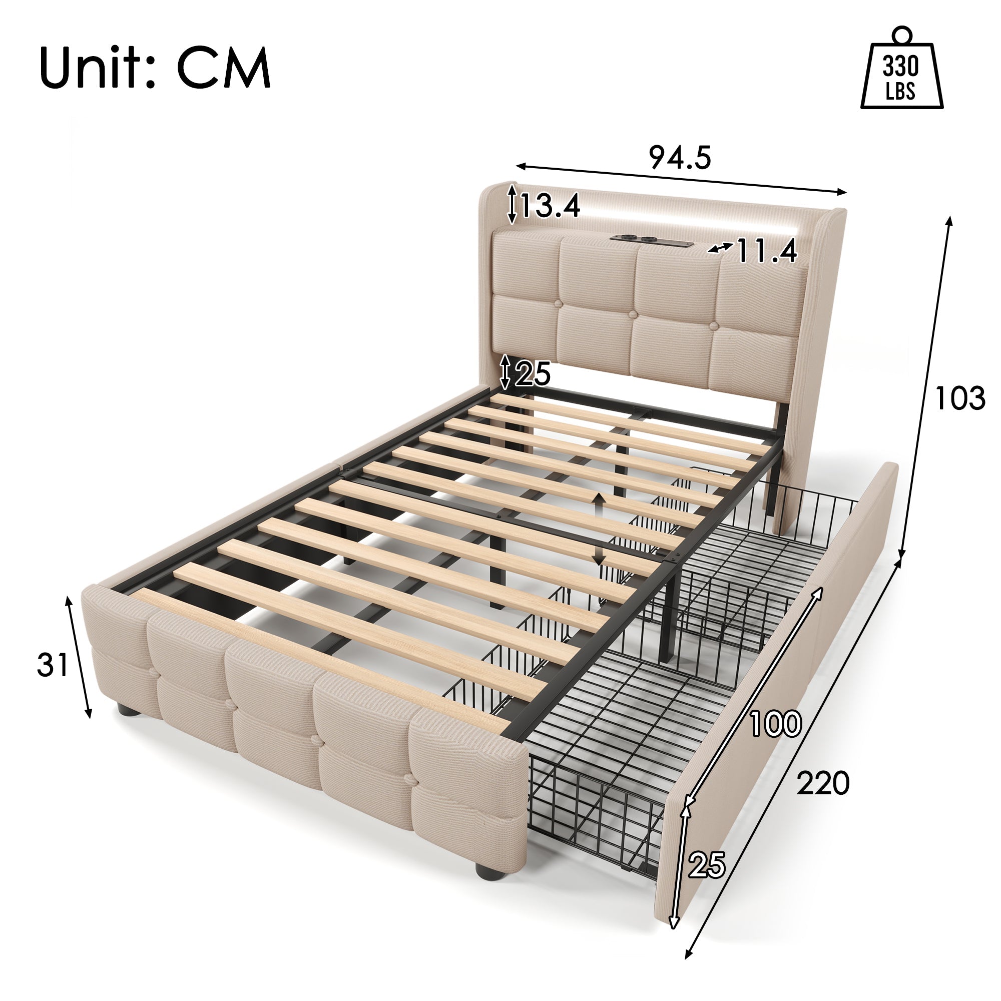 Logidon gestoffeerd bed 90x200 beige USB-oplaadfunctie LED-verlichting