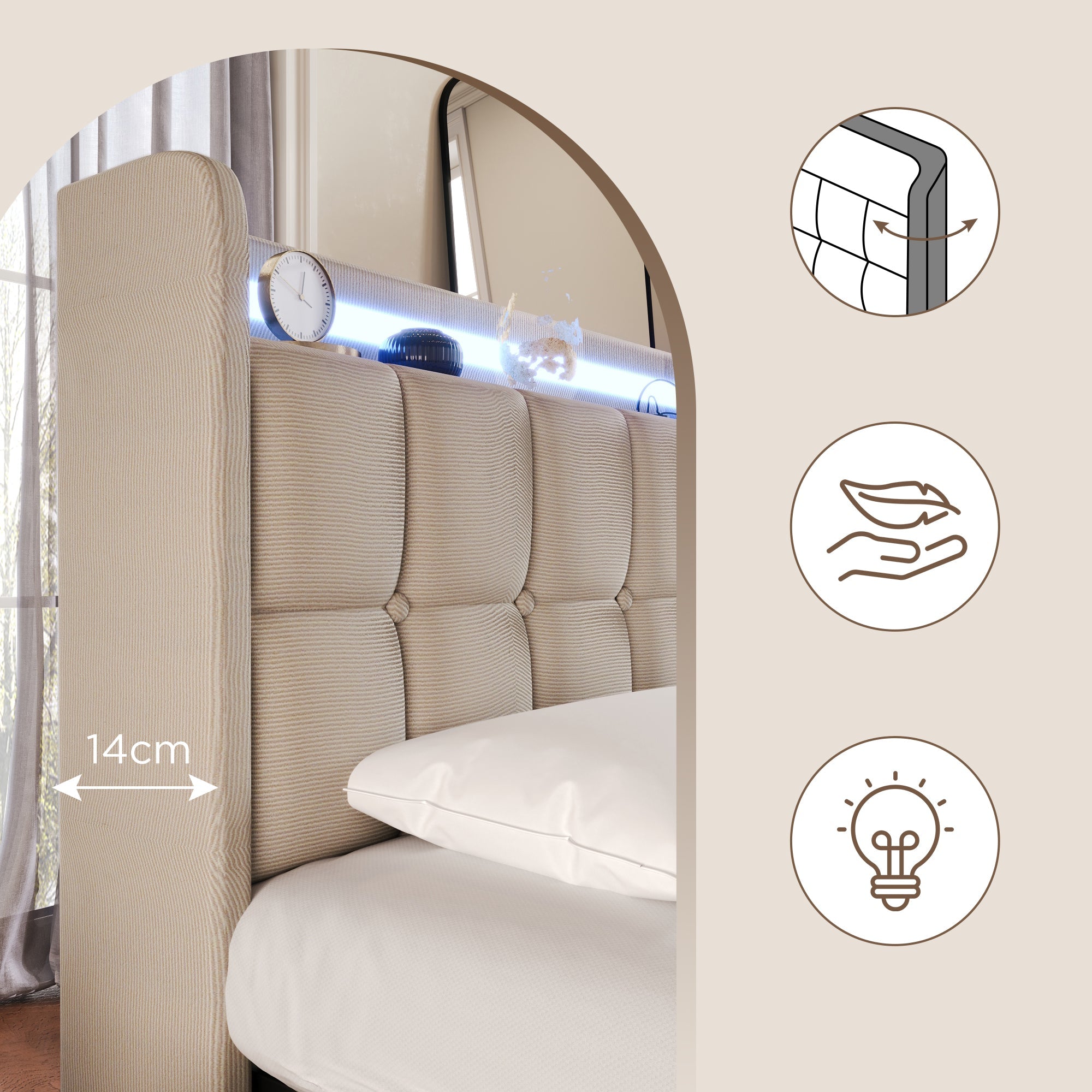 Logidon gestoffeerd bed 90x200 beige USB-oplaadfunctie LED-verlichting