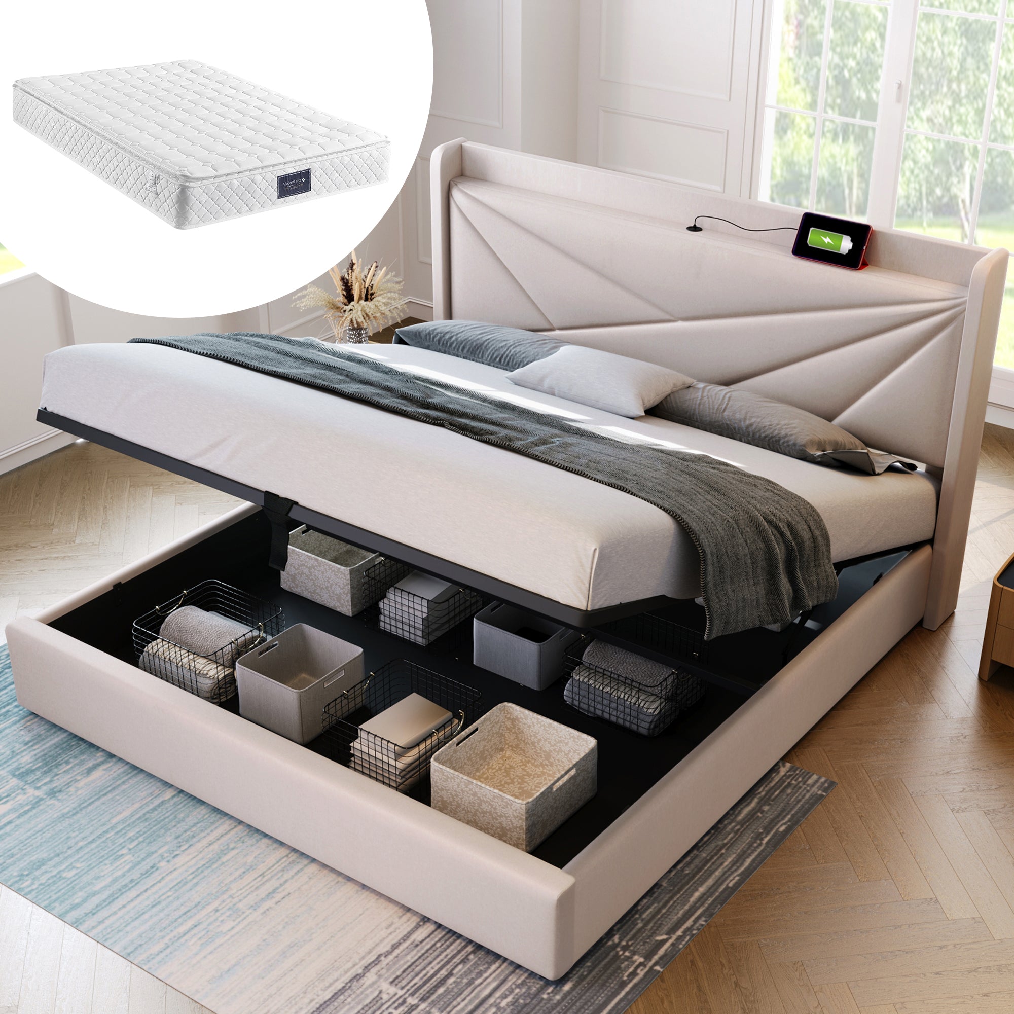 Logidon gestoffeerd bed 140x200 beige met opbergruimte en USB C oplaadfunctie