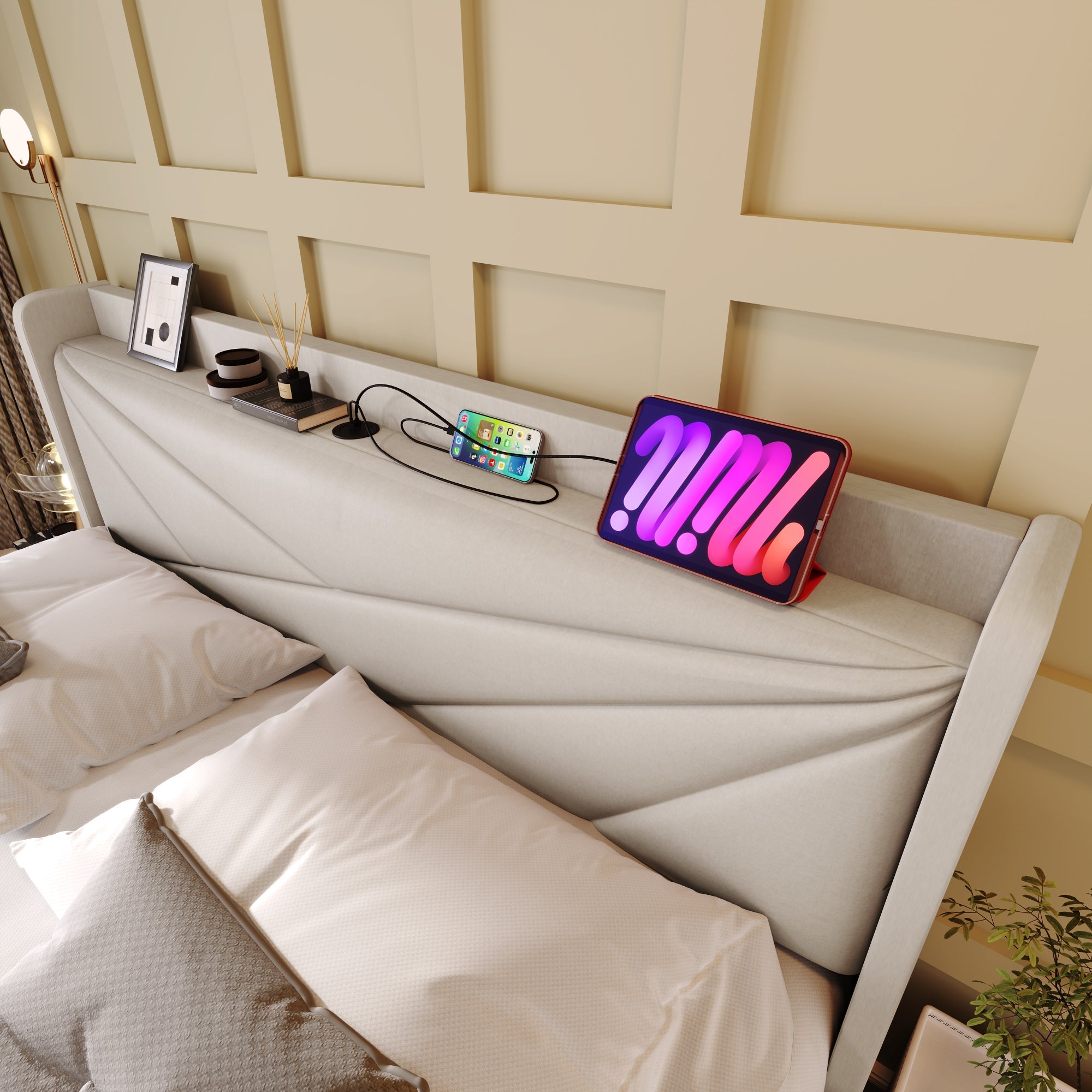 Logidon gestoffeerd bed 160x200 beige met USB Type C oplaadfunctie opbergruimte