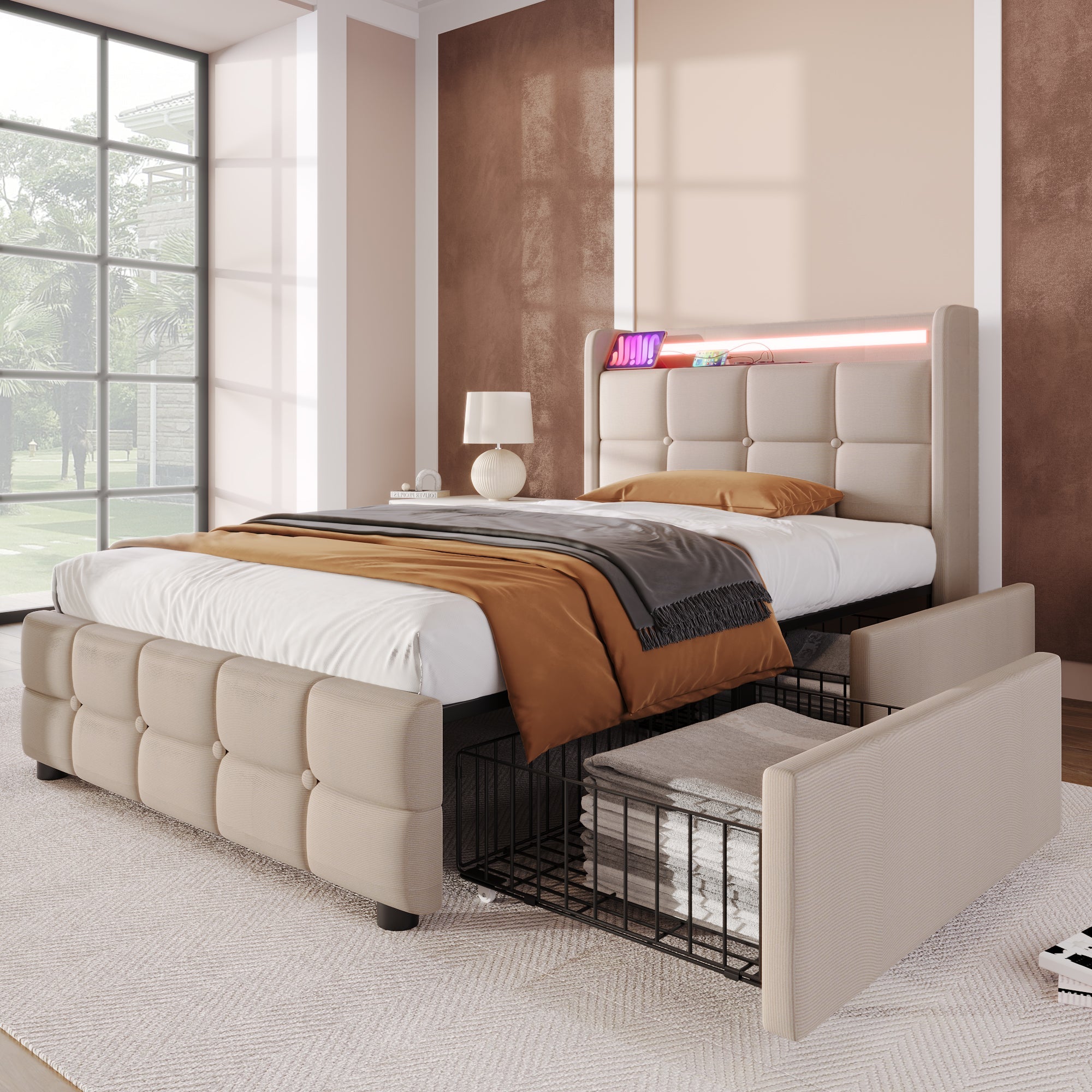 Logidon gestoffeerd bed 90x200 beige USB-oplaadfunctie LED-verlichting