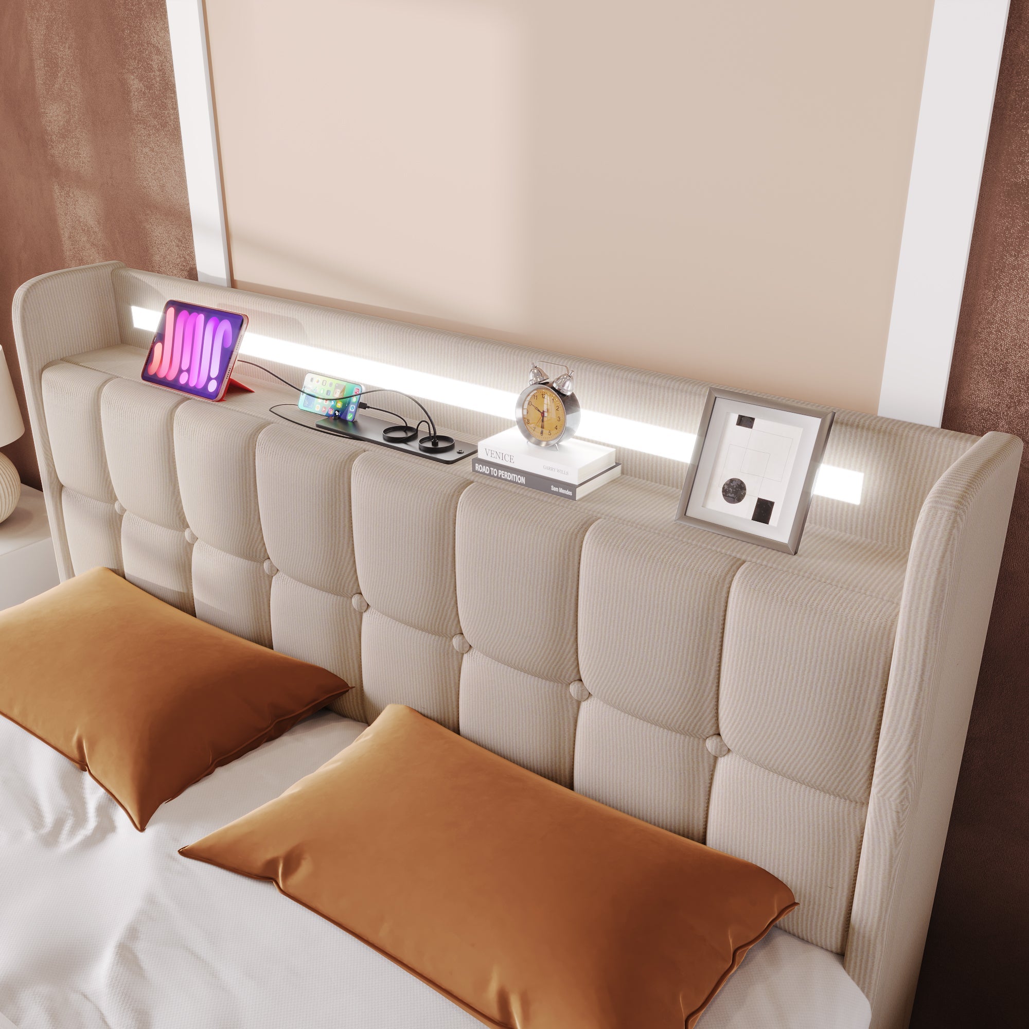 Logidon gestoffeerd bed 180x200 beige met USB oplaadfunctie LED verlichting