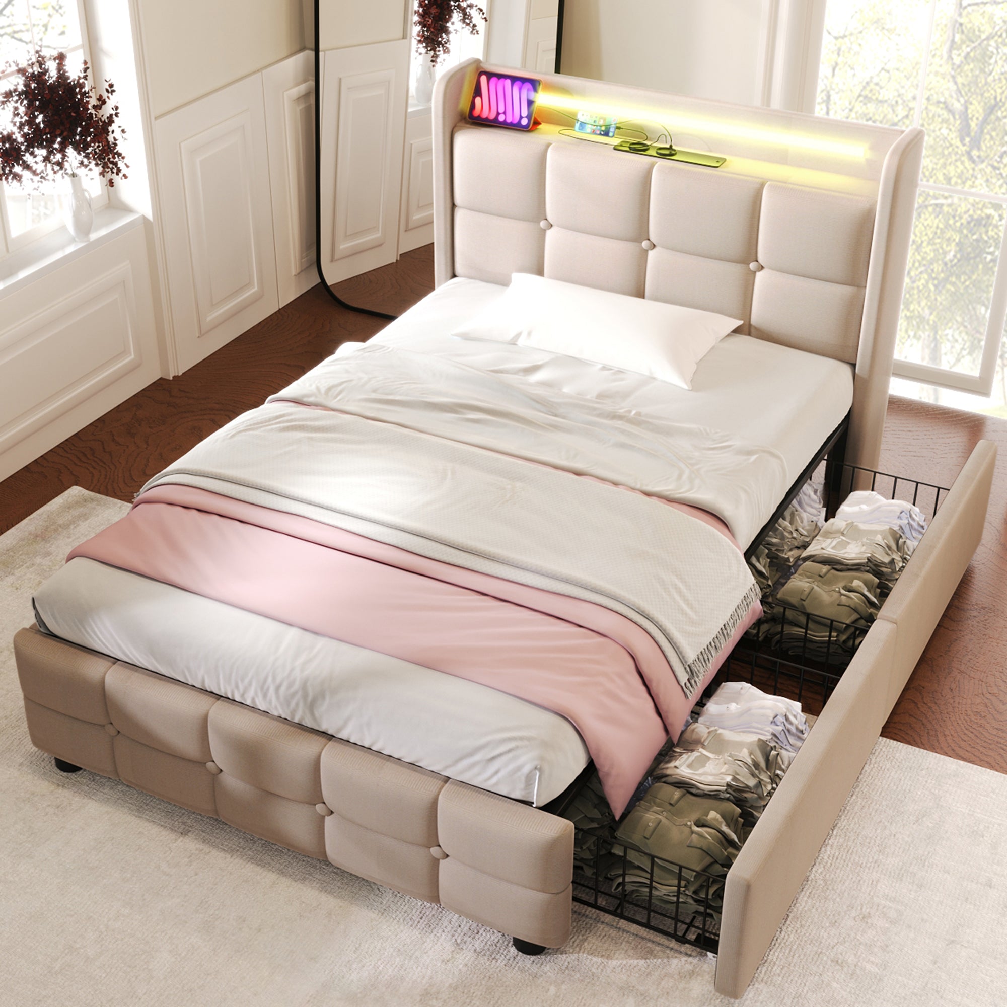 Logidon gestoffeerd bed 90x200 beige USB-oplaadfunctie LED-verlichting