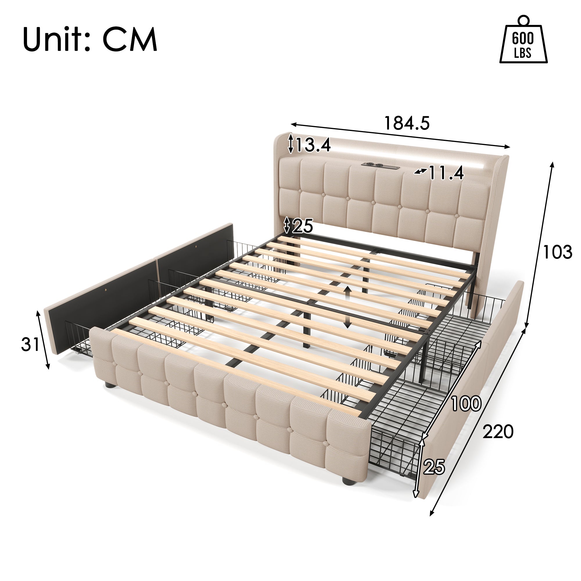 Logidon gestoffeerd bed 180x200 beige met USB oplaadfunctie LED verlichting