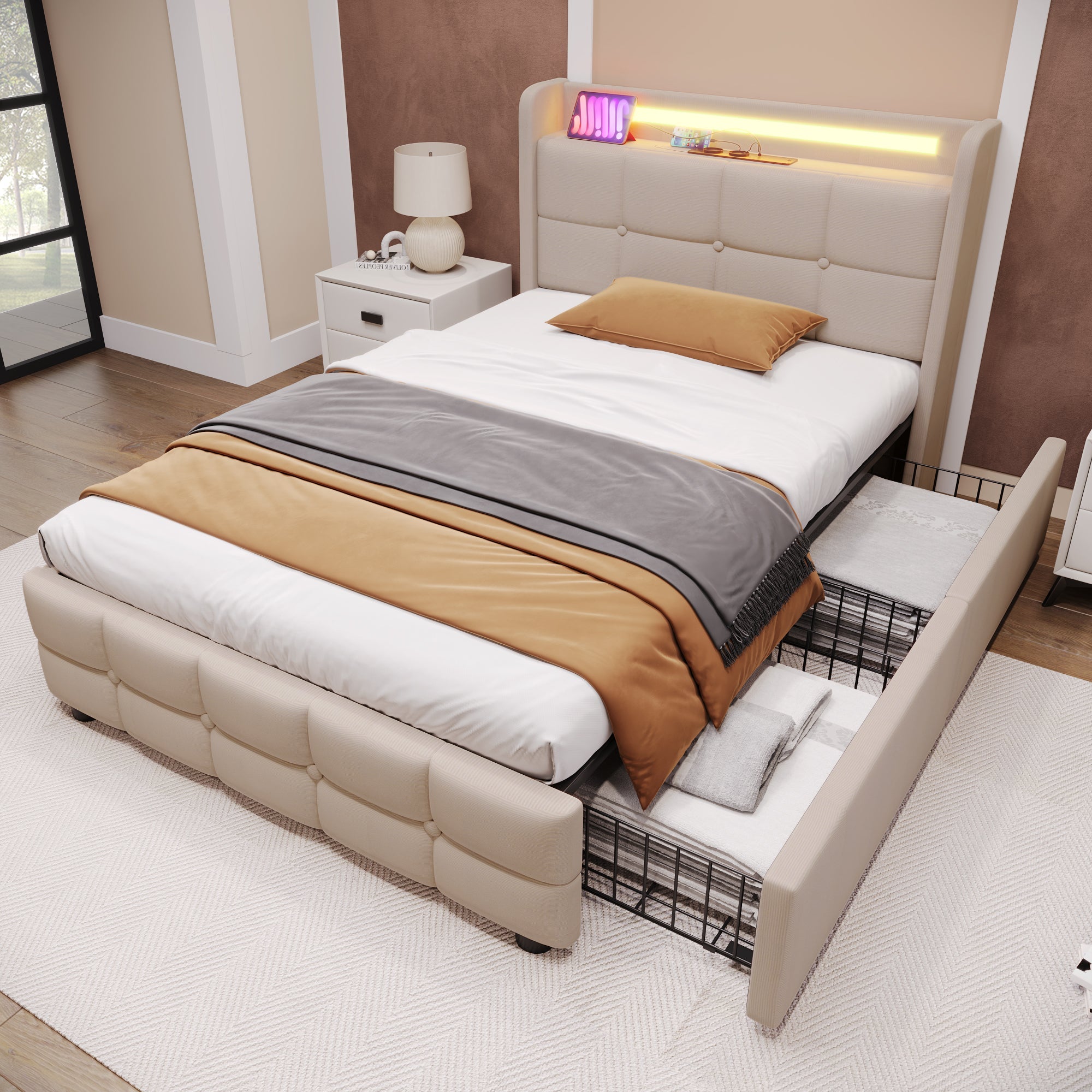 Logidon gestoffeerd bed 90x200 beige USB-oplaadfunctie LED-verlichting