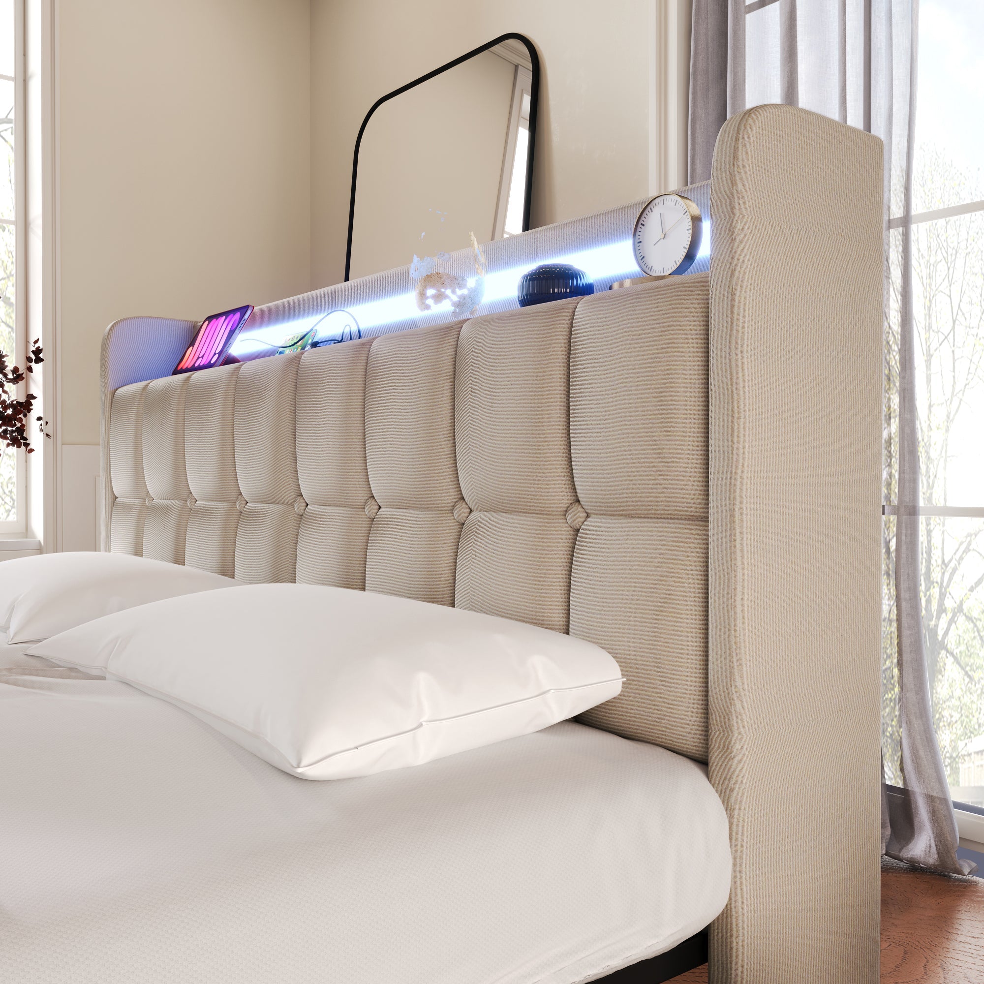 Logidon gestoffeerd bed 90x200 beige USB-oplaadfunctie LED-verlichting