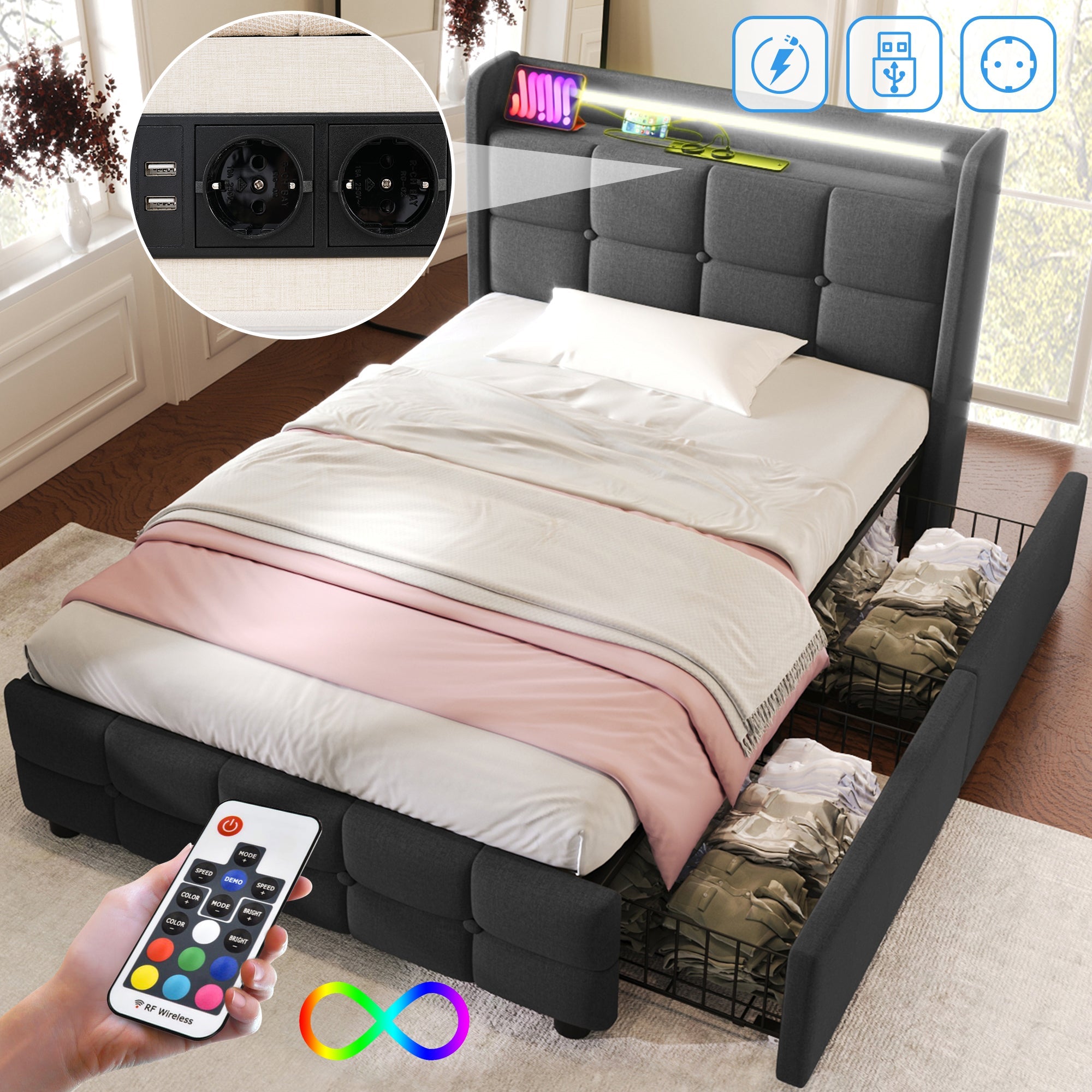 Logidon gestoffeerd bed met USB-oplaadfunctie, LED-verlichting, 90x200 grijs