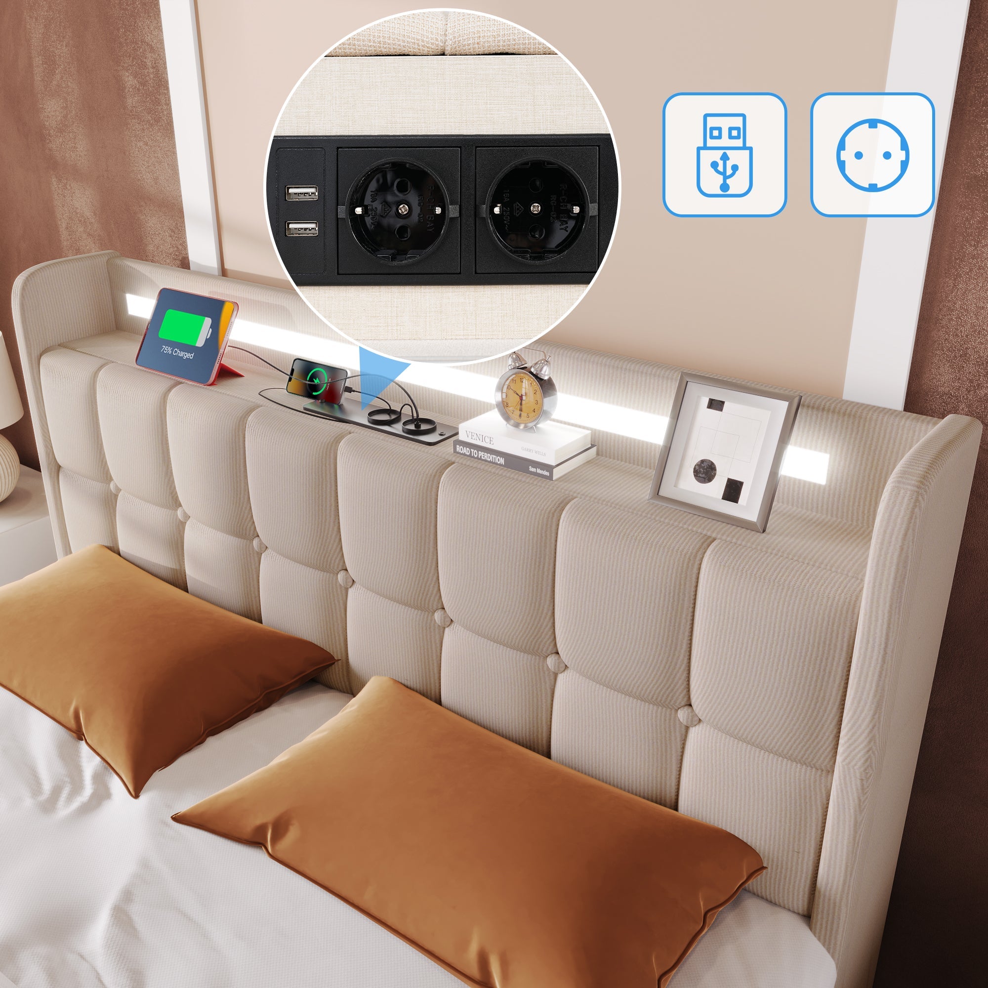 Logidon gestoffeerd bed 90x200 beige USB-oplaadfunctie LED-verlichting