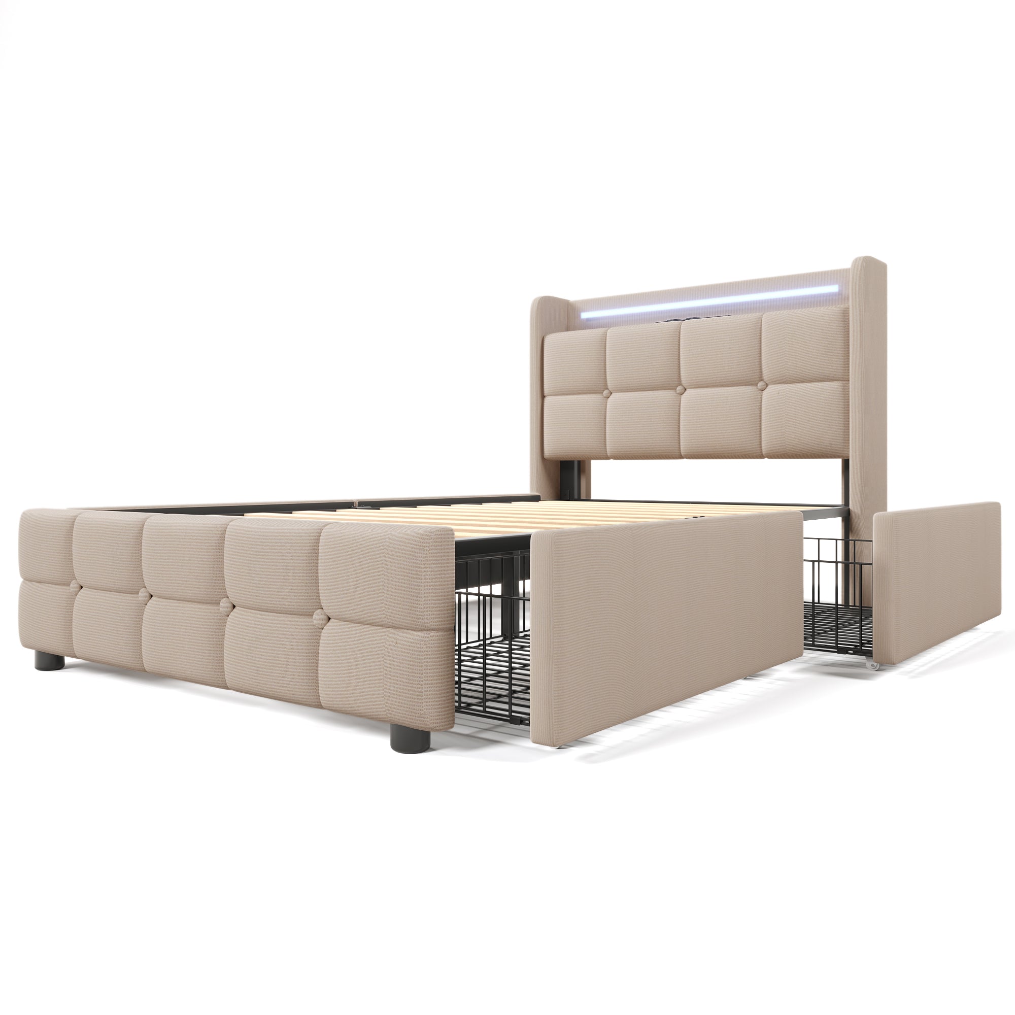 Logidon gestoffeerd bed 90x200 beige USB-oplaadfunctie LED-verlichting