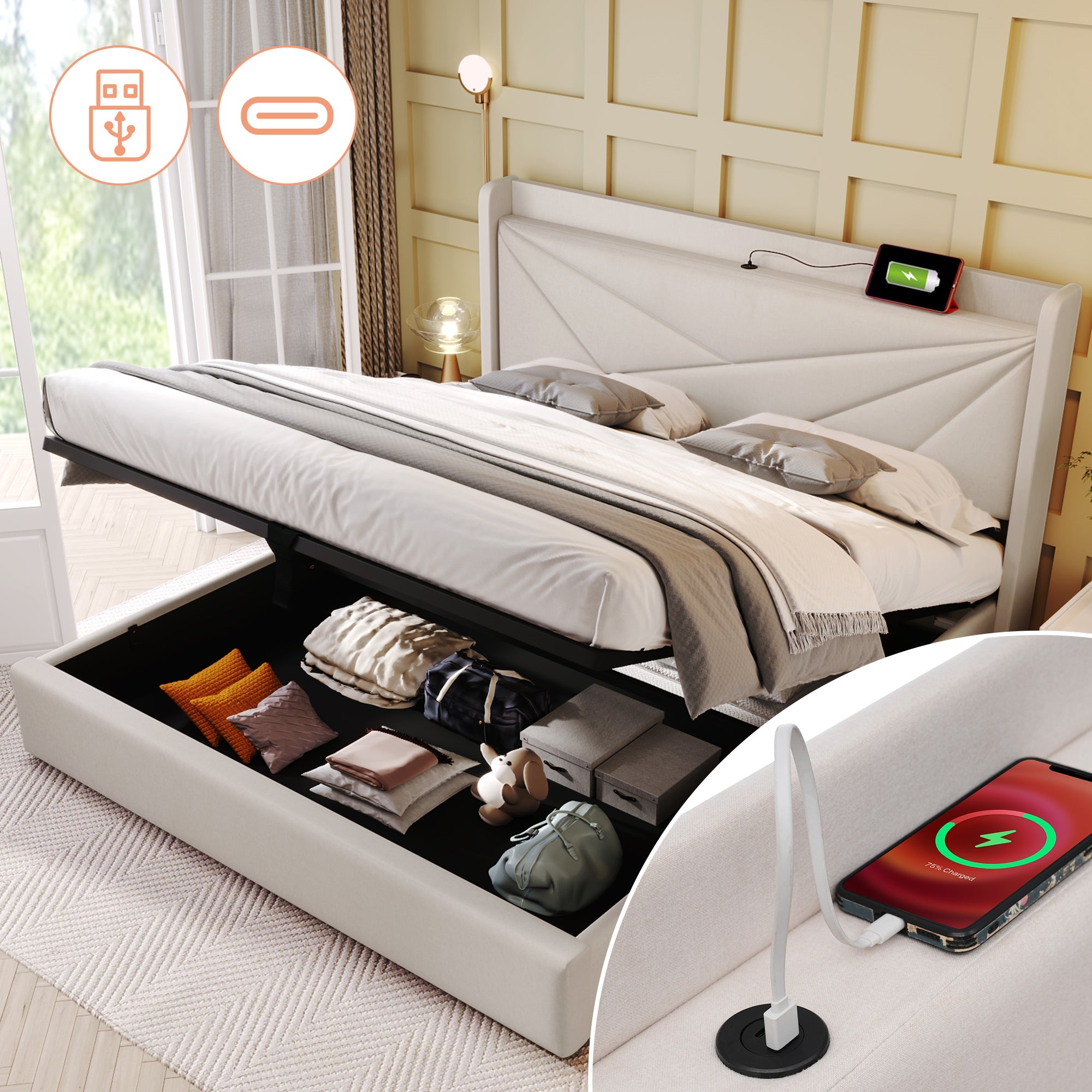 Logidon gestoffeerd bed 160x200 beige met USB Type C oplaadfunctie opbergruimte