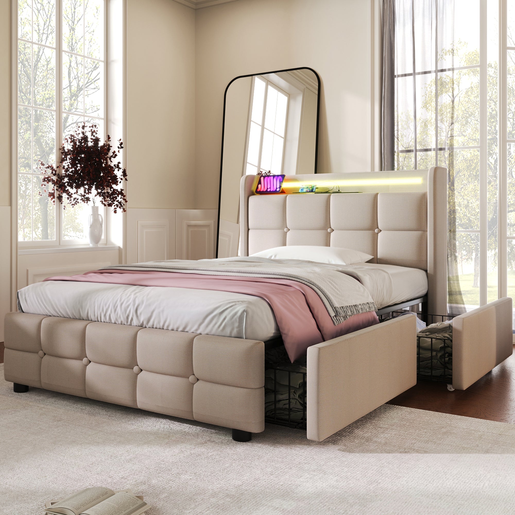 Logidon gestoffeerd bed 90x200 beige USB-oplaadfunctie LED-verlichting