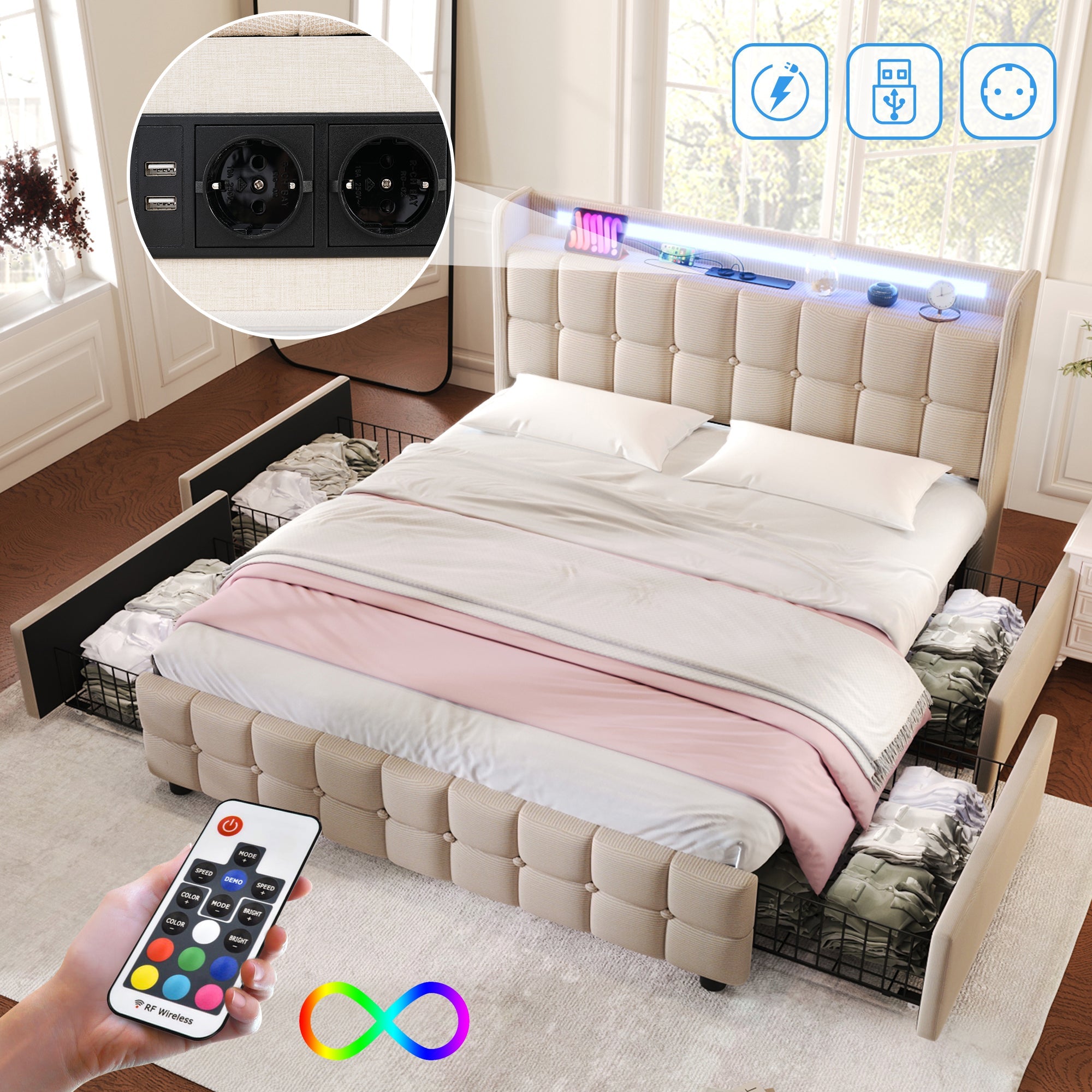 Logidon gestoffeerd bed 180x200 beige met USB oplaadfunctie LED verlichting