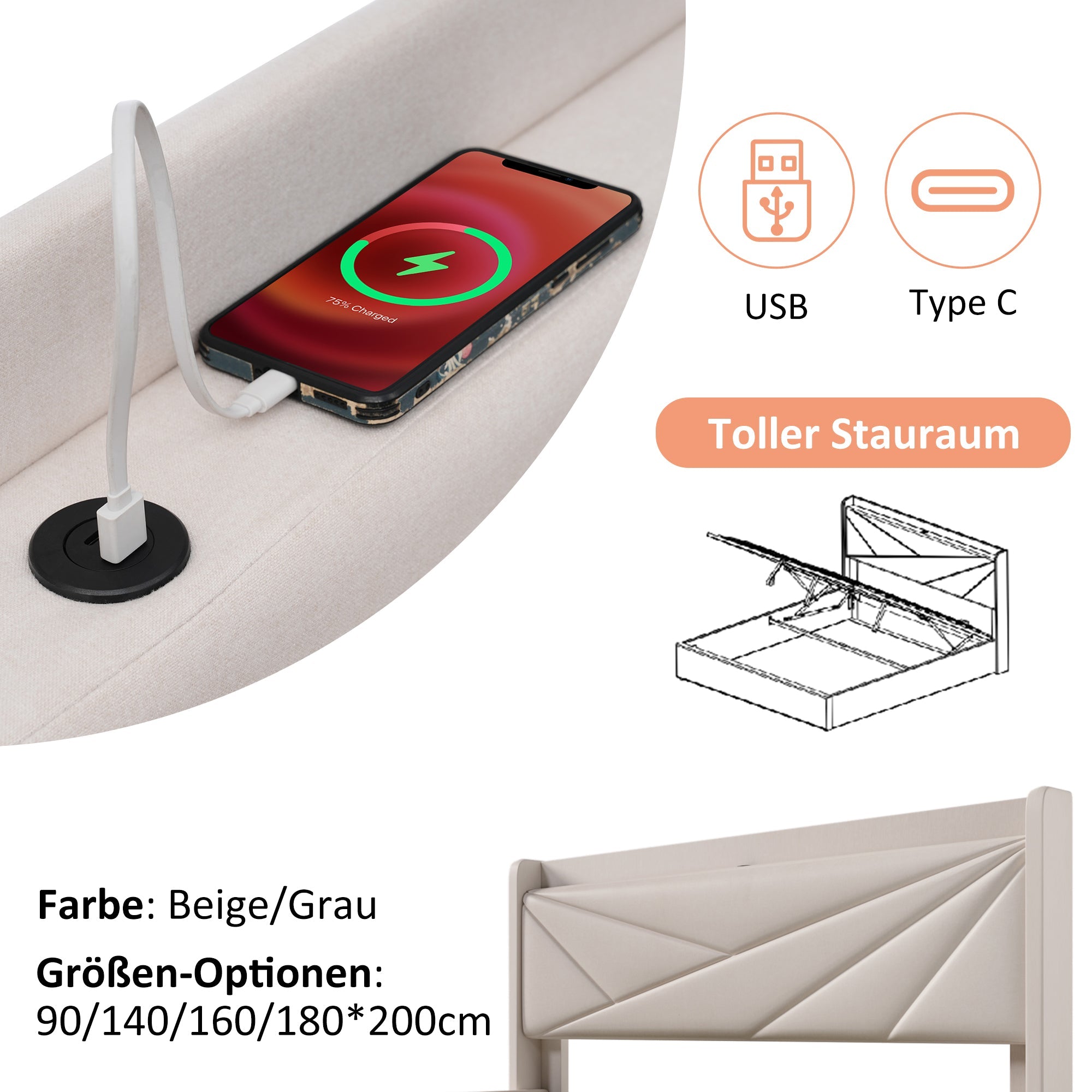 Logidon gestoffeerd bed 160x200 beige met USB Type C oplaadfunctie opbergruimte