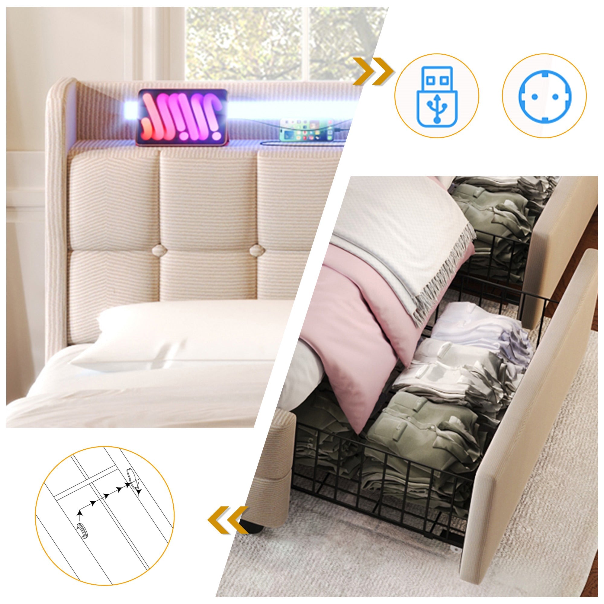Logidon gestoffeerd bed 90x200 beige USB-oplaadfunctie LED-verlichting