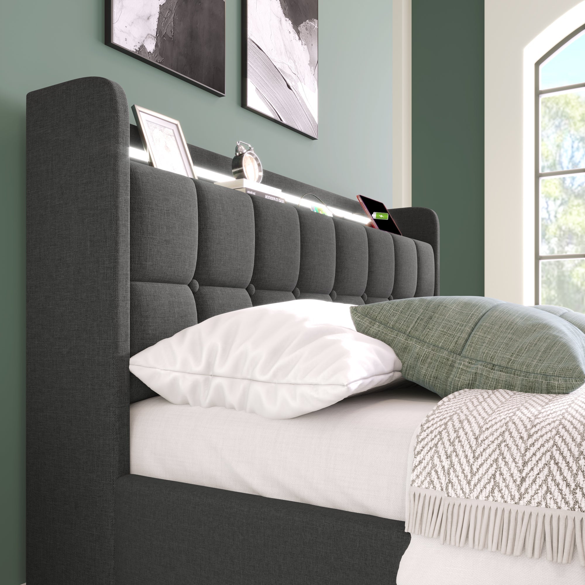 Logidon gestoffeerd bed met USB-oplaadfunctie, LED-verlichting, 90x200 grijs