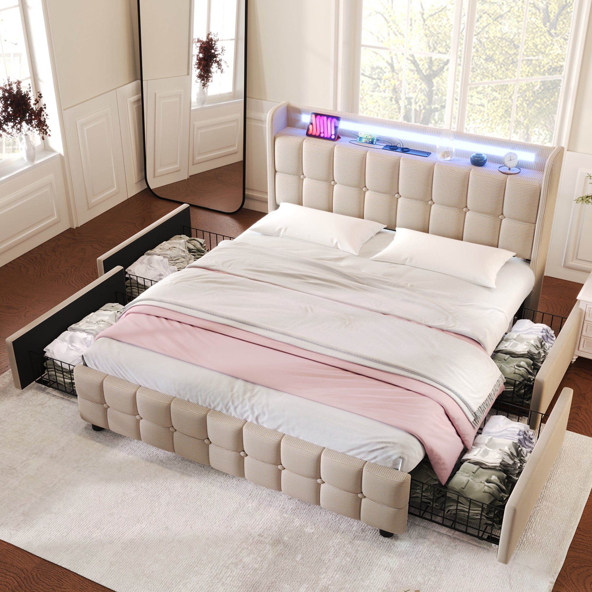 Logidon gestoffeerd bed 180x200 beige met USB oplaadfunctie LED verlichting