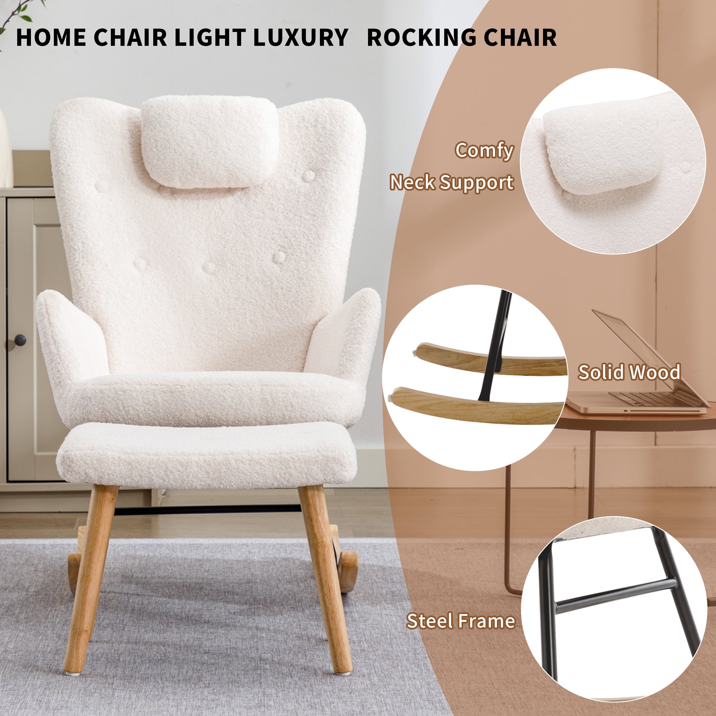 Logidon White Teddy Plush Rocking Chair with Headrest and Footrest