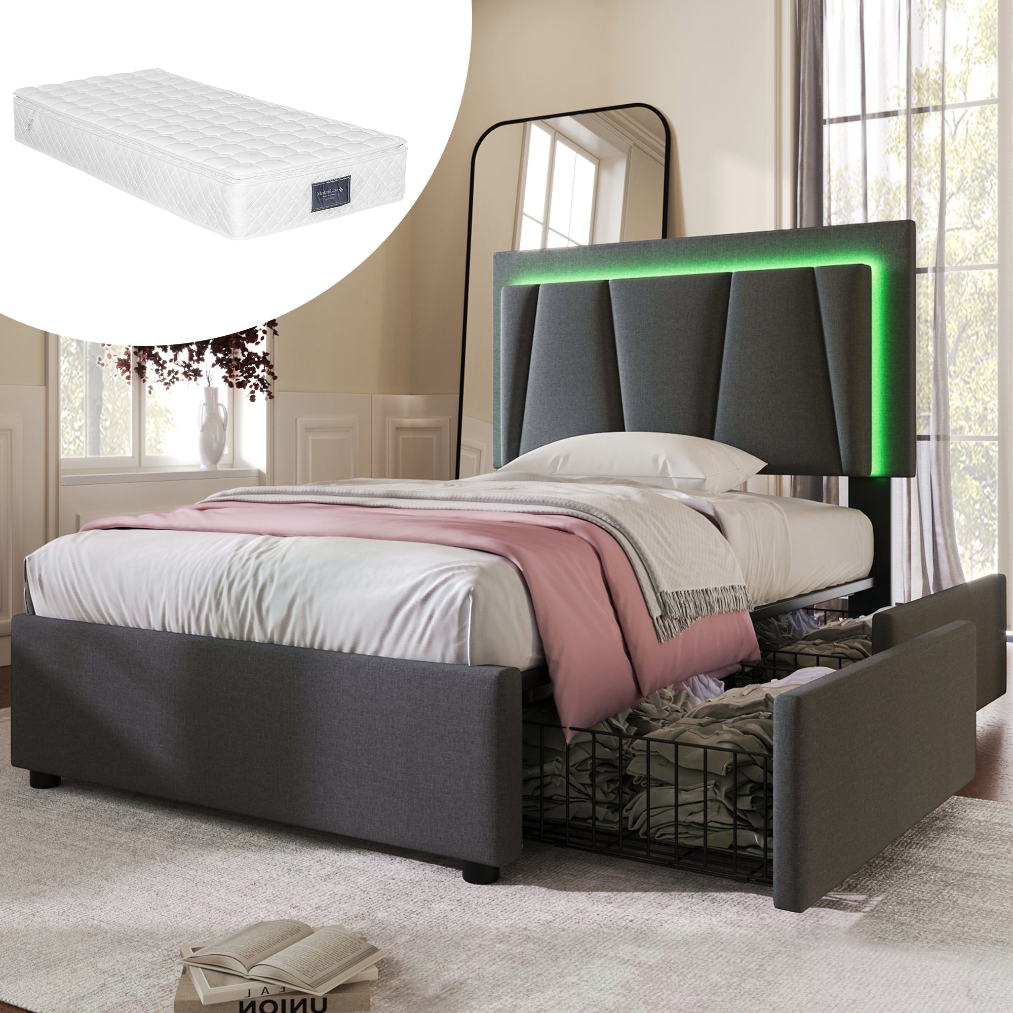 Logidon Garu gestoffeerd bed 90x200cm met LED-verlichting en grijze opbergruimte