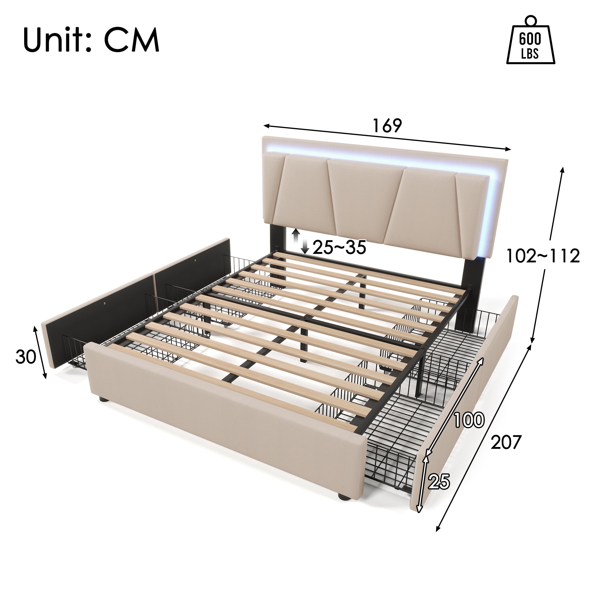 Logidon gestoffeerd bed 160x200 beige met LED verlichting 4 lades
