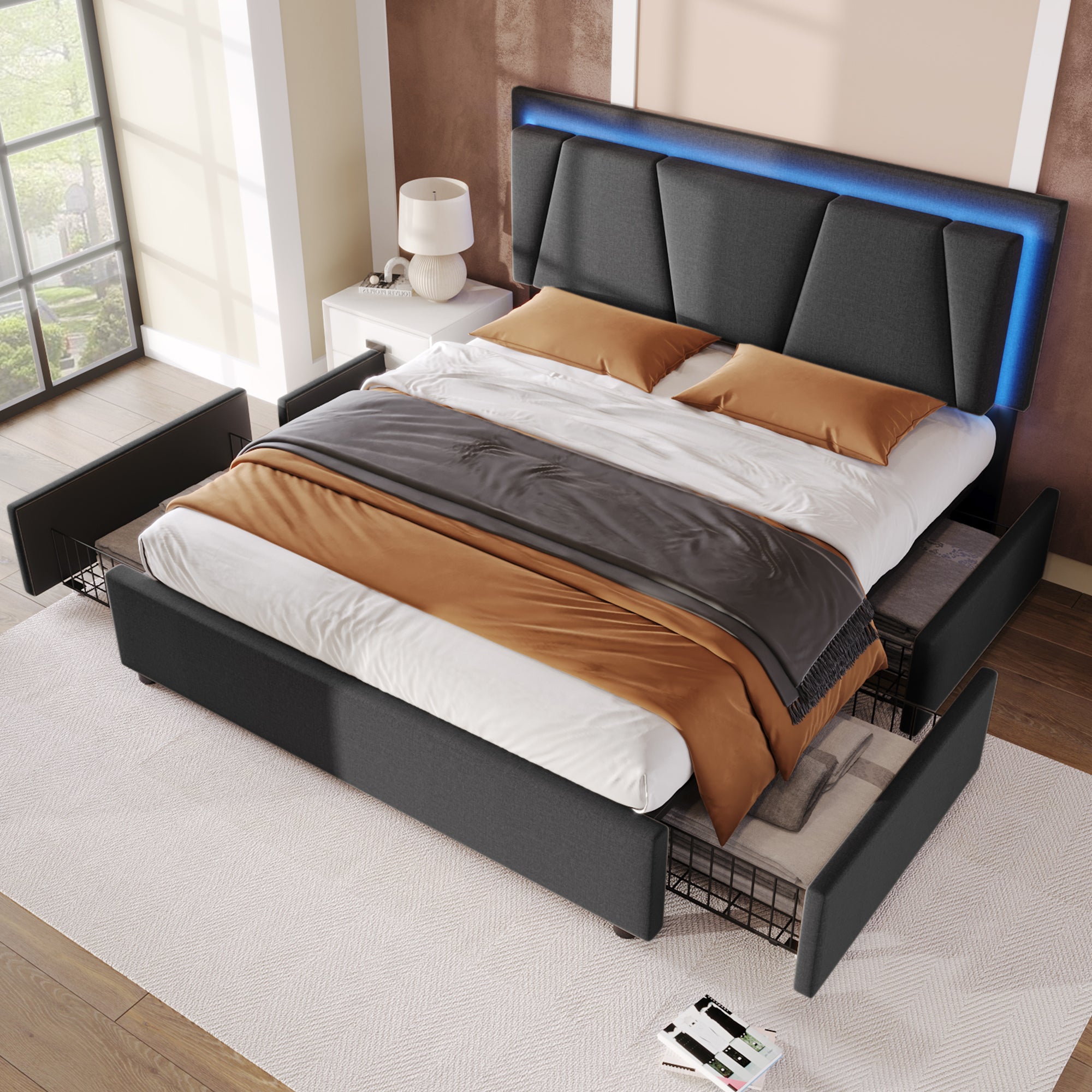 Logidon upholstered bed 140x200 cm with LED lighting and 4 drawers