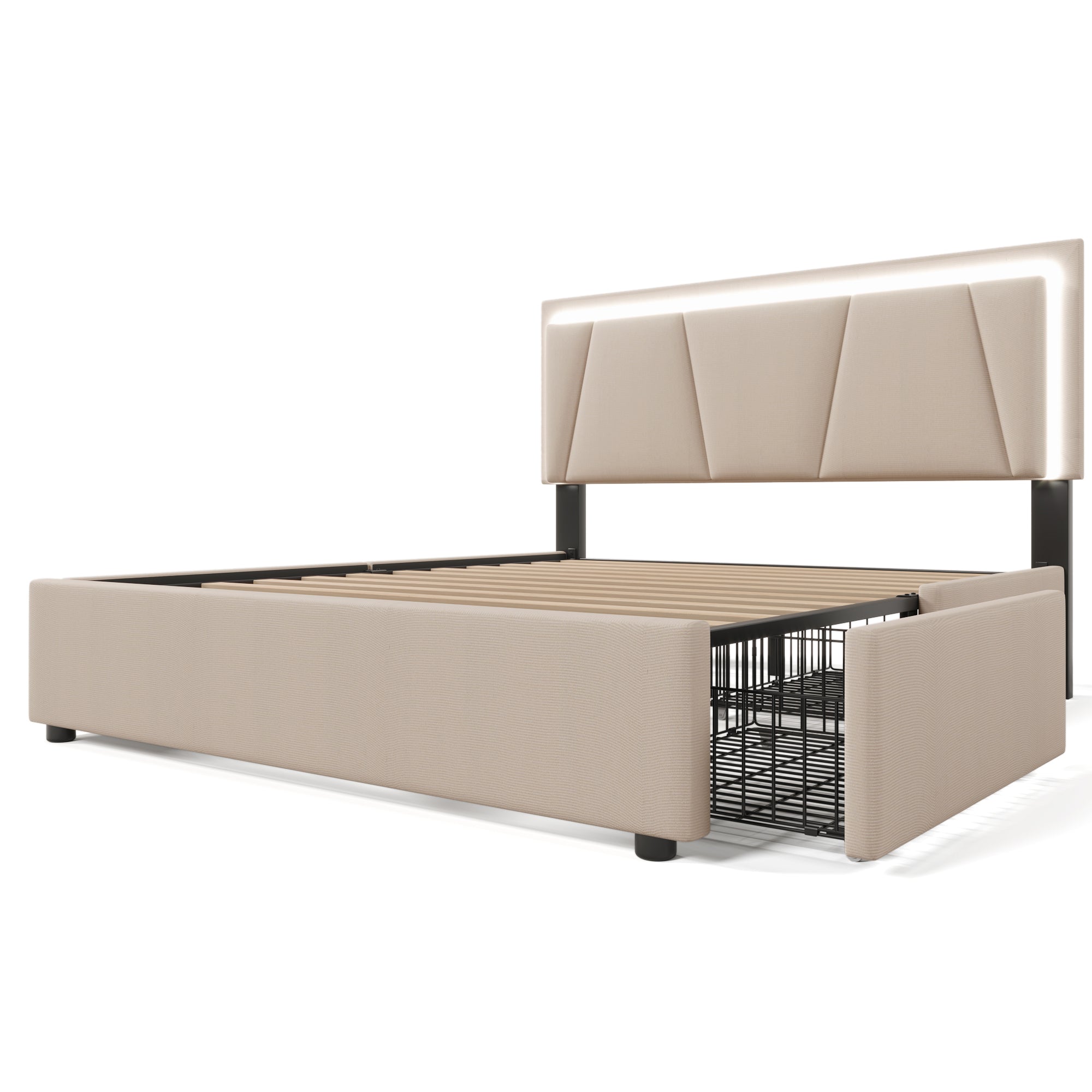 Logidon gestoffeerd bed 160x200 beige met LED verlichting 4 lades