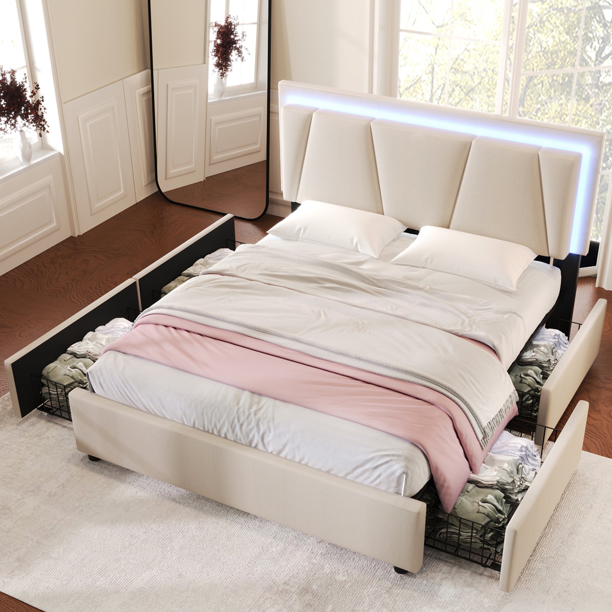 Logidon gestoffeerd bed 160x200 beige met LED verlichting en opbergruimte