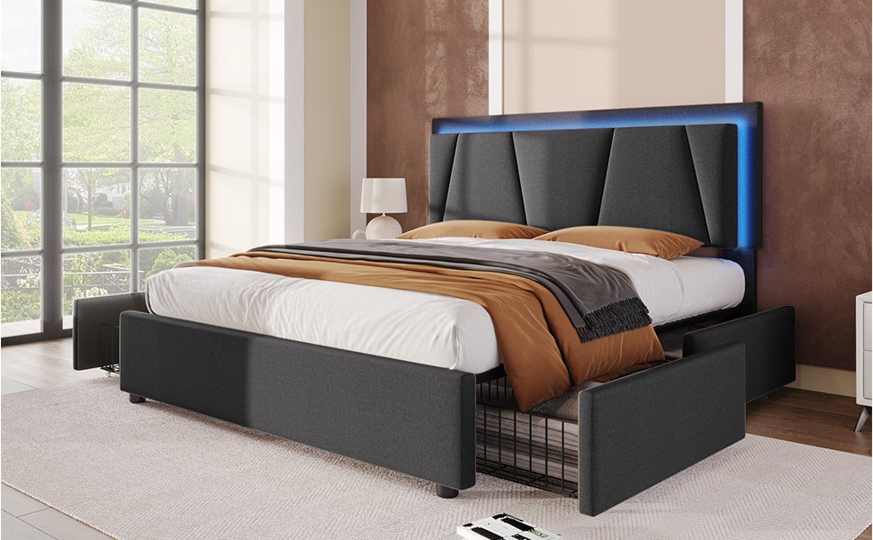 Logidon upholstered bed 140x200 cm with LED lighting and 4 drawers