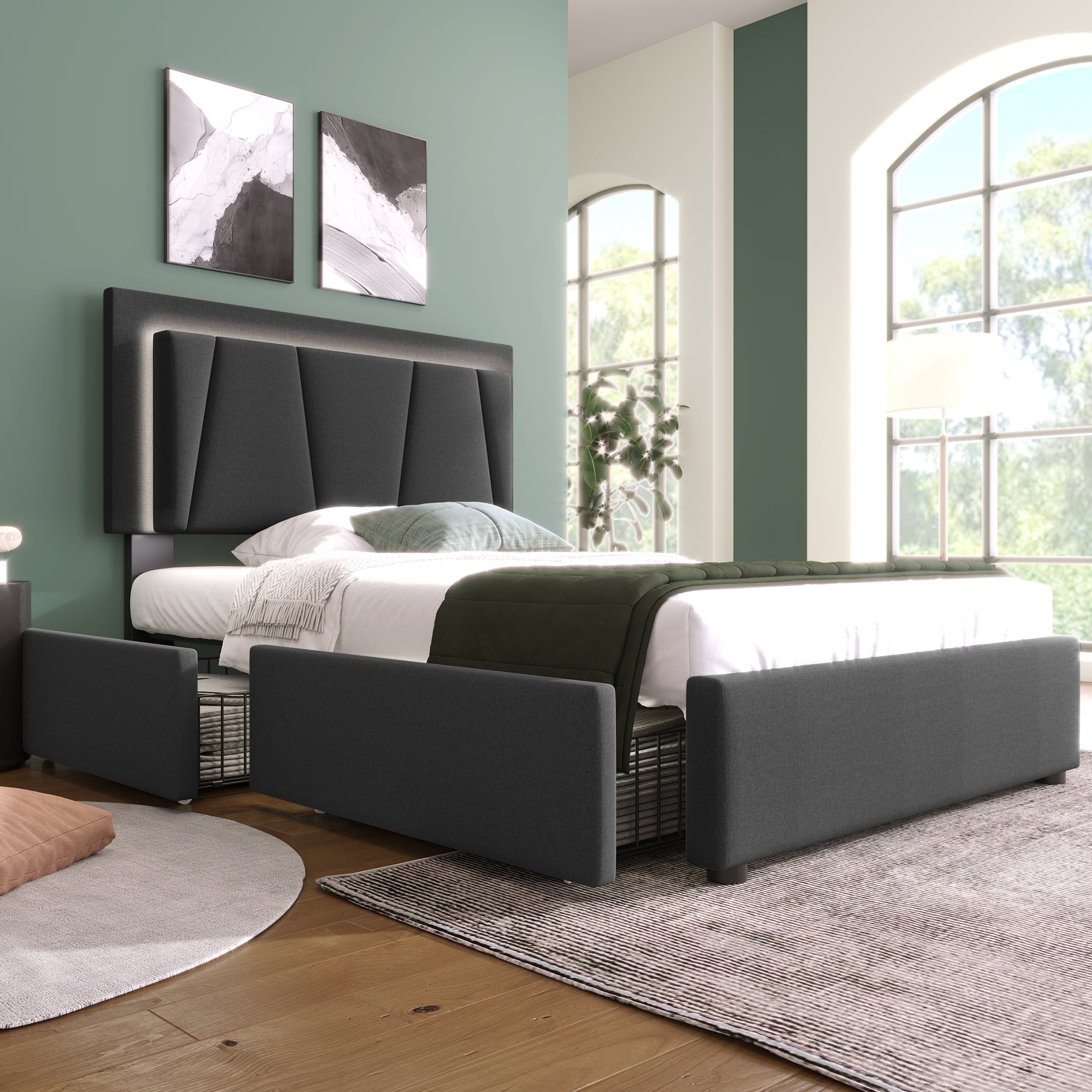 Logidon Garu gestoffeerd bed 90x200cm met LED verlichting en 2 lades grijs