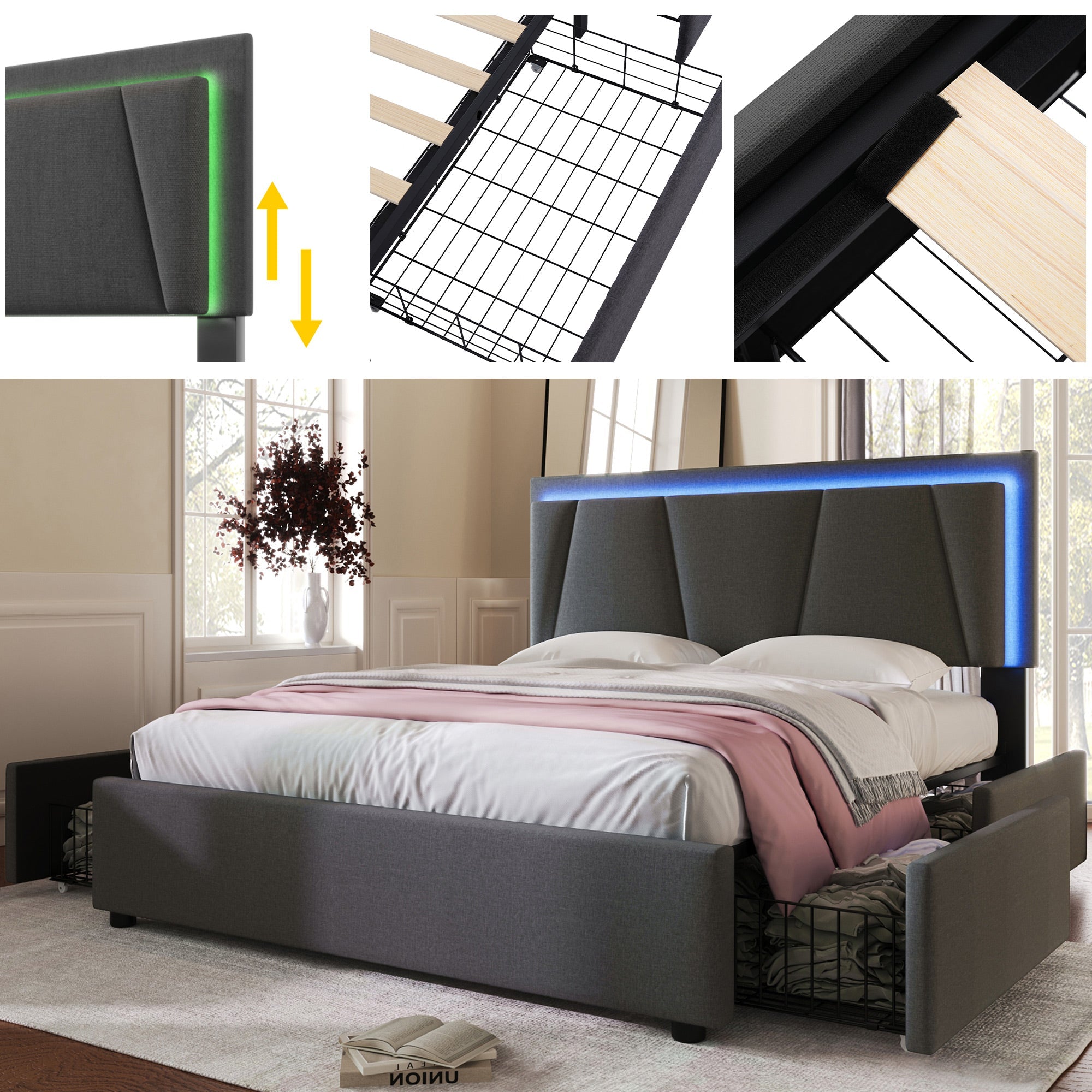 Logidon upholstered bed 140x200 cm with LED lighting and 4 drawers