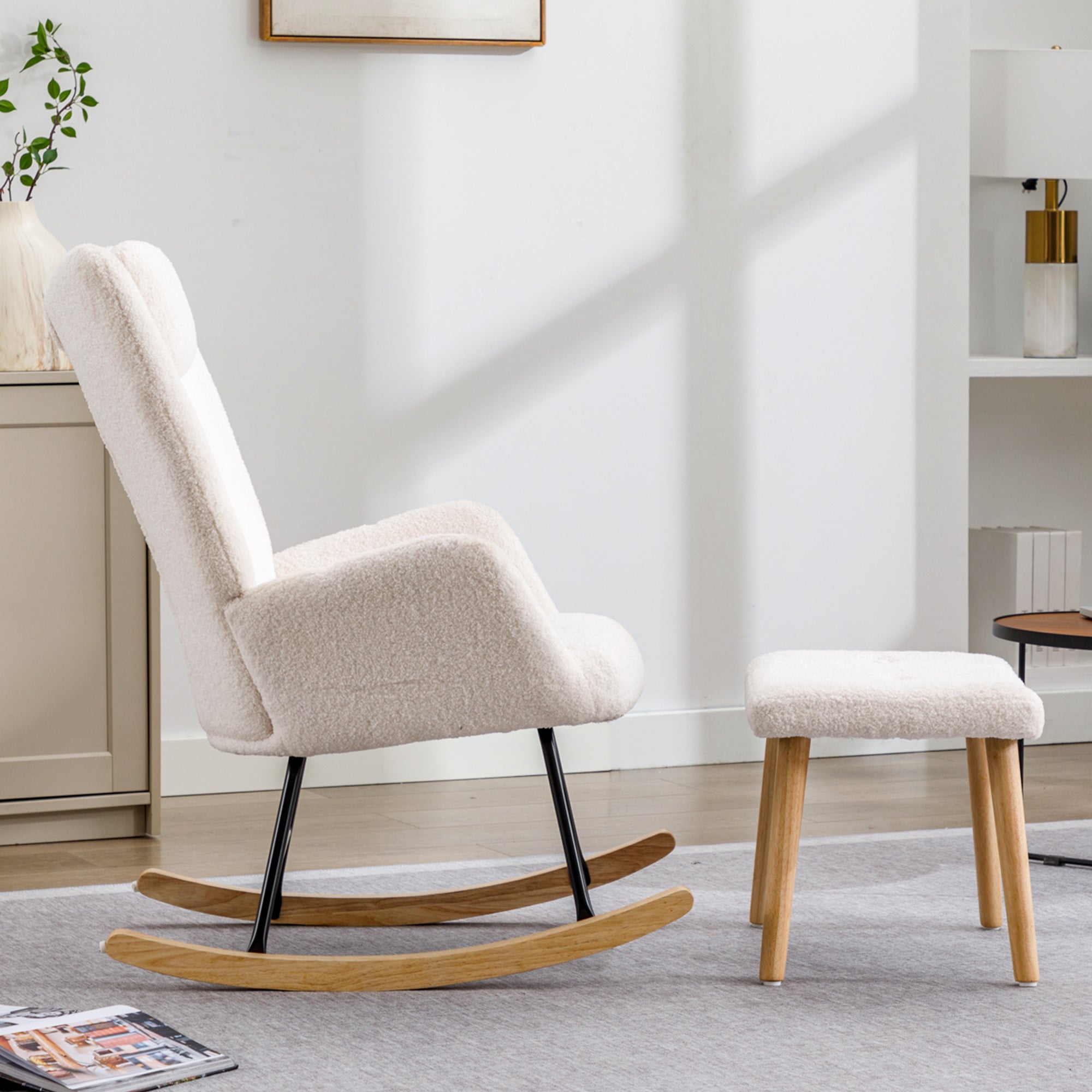 Logidon White Teddy Plush Rocking Chair with Headrest and Footrest