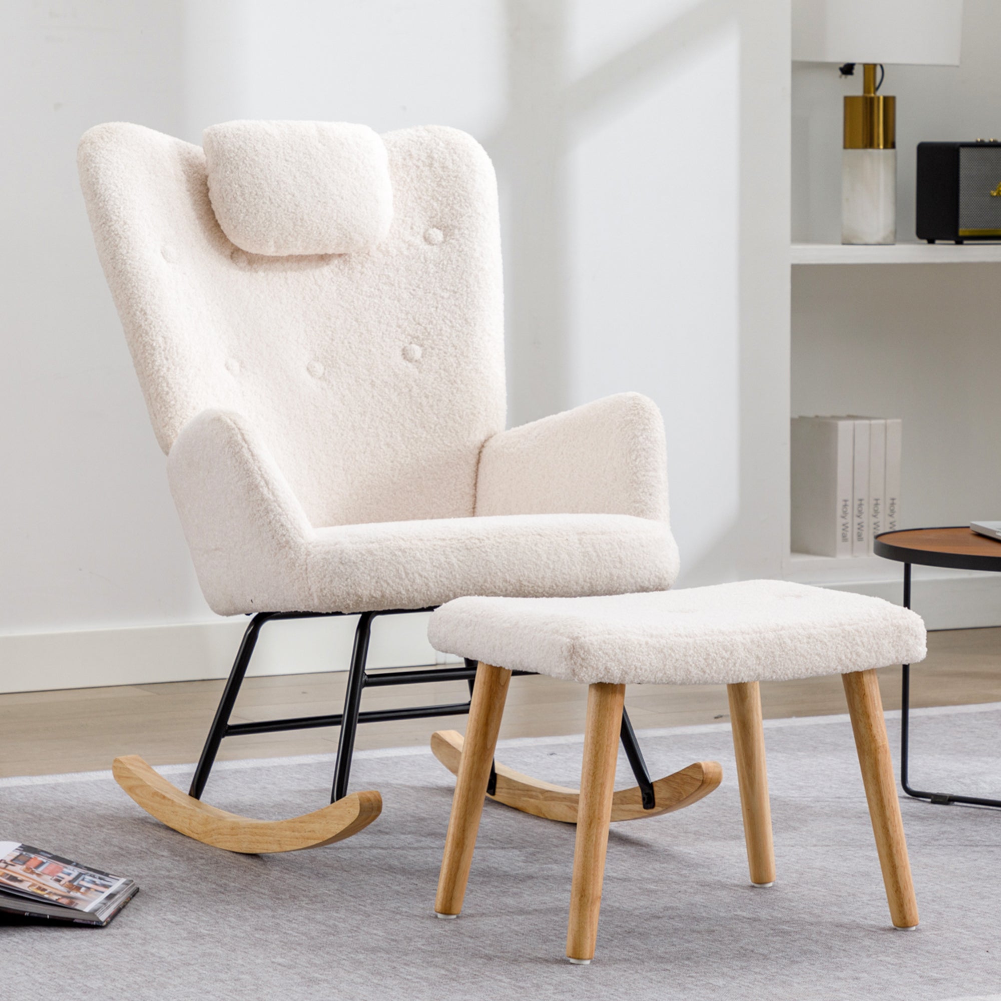 Logidon White Teddy Plush Rocking Chair with Headrest and Footrest