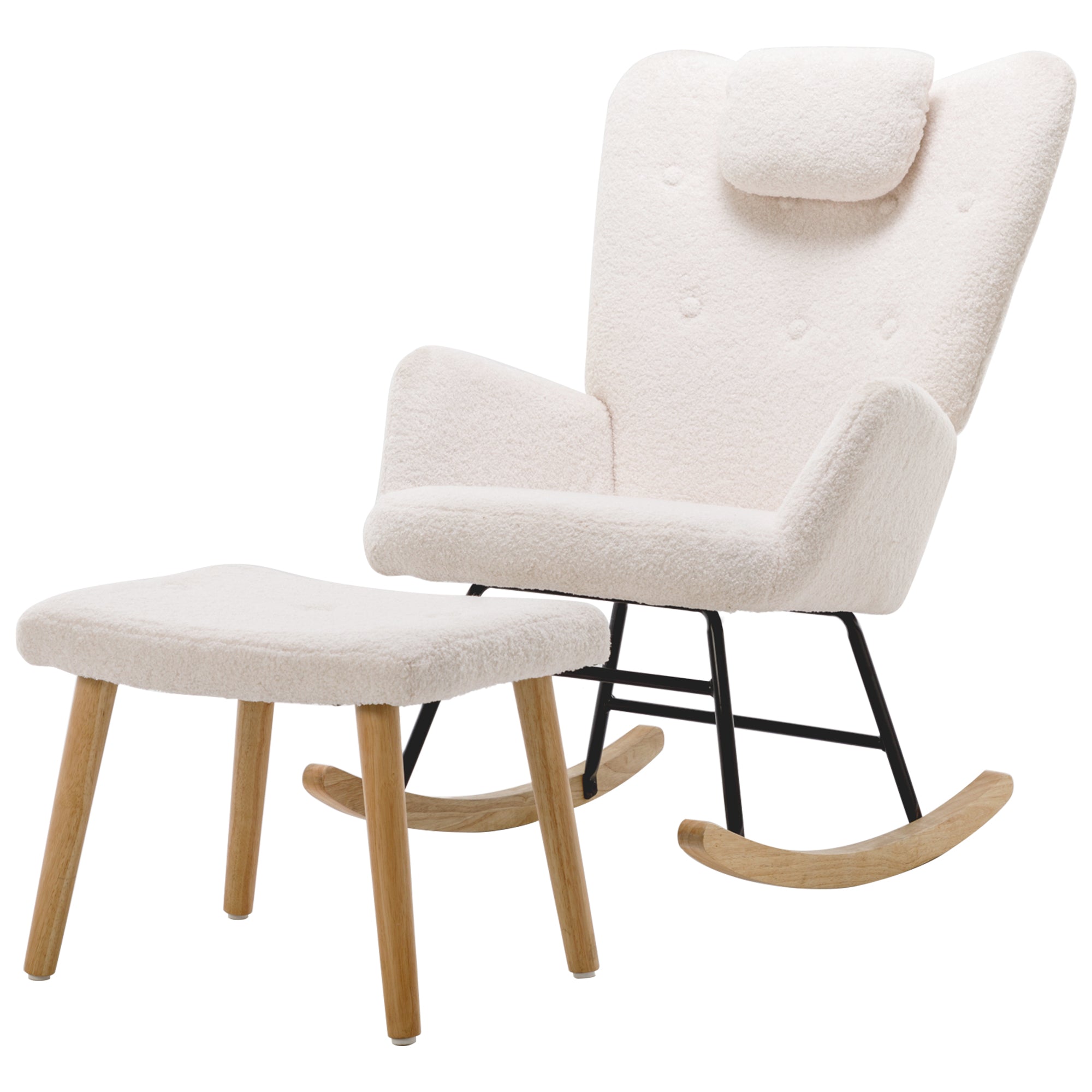 Logidon White Teddy Plush Rocking Chair with Headrest and Footrest